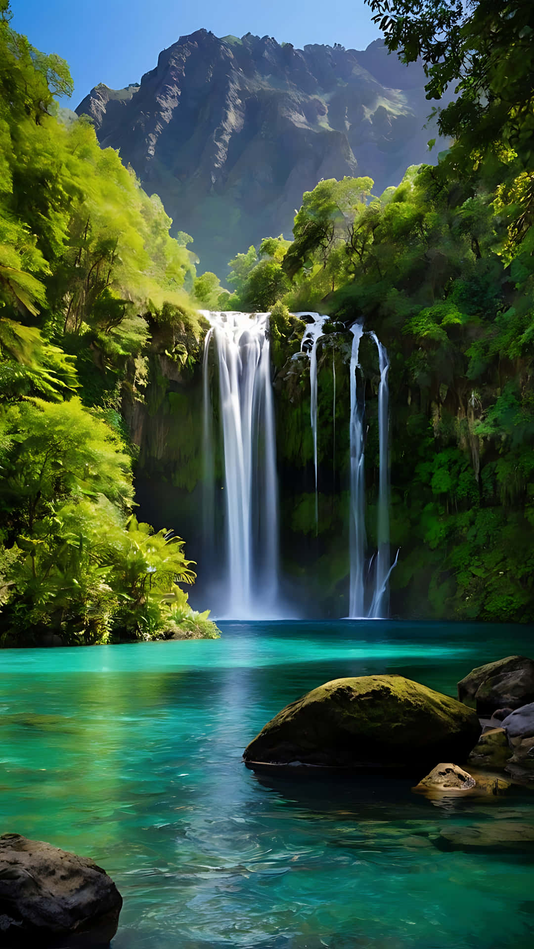 Hidden Paradise – Waterfall and Serenity Unveiled. smartphone wallpaper 壁紙 — 一道雄偉的瀑布傾瀉而下，流入清澈見底的碧綠水池，四周是茂密的綠色叢林和高聳的山脈，上方是明亮的藍天。
