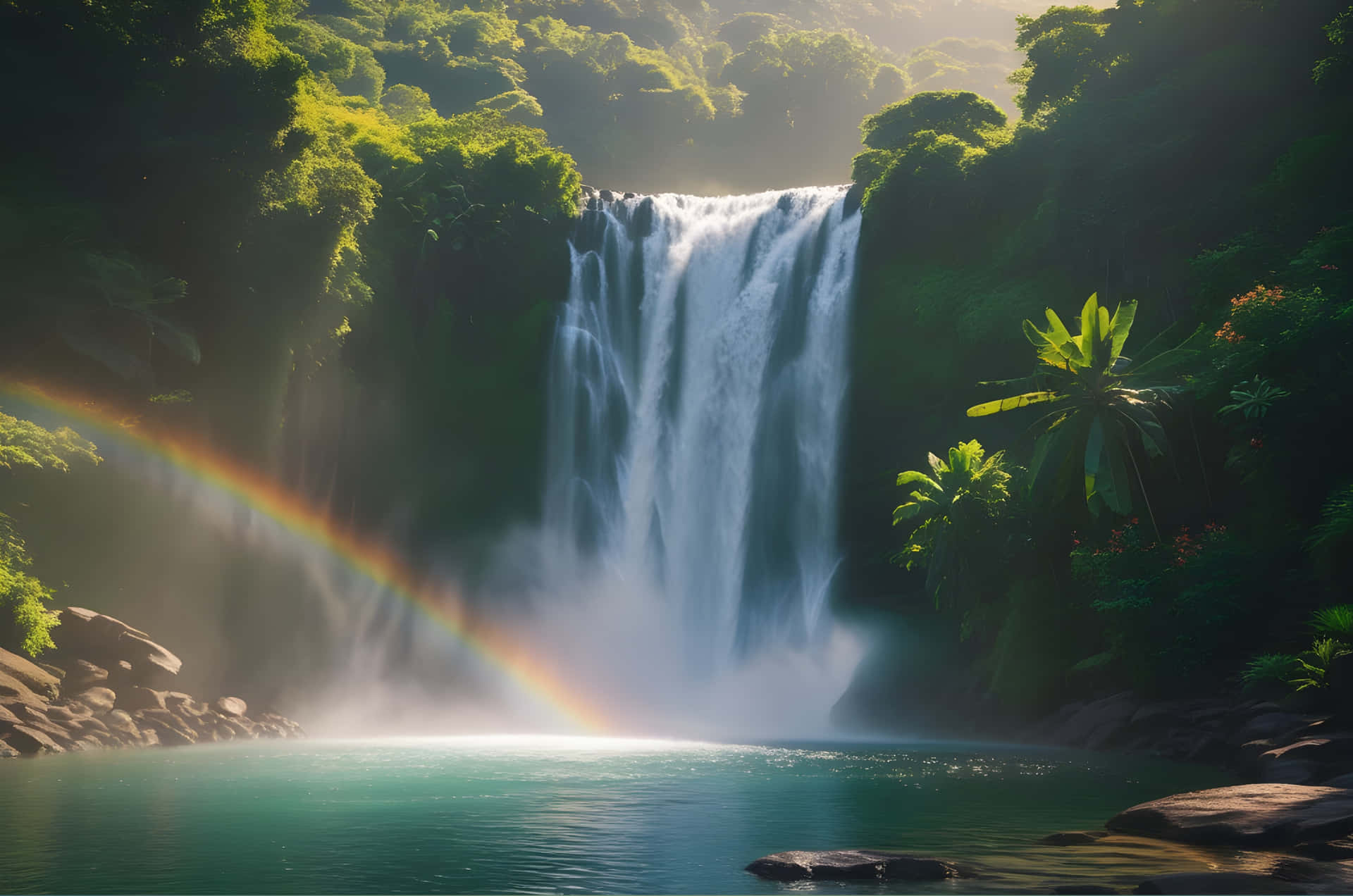 Waterfall in the mountain view 壁紙 — 一道雄偉的瀑布傾瀉而下，流入碧綠色的水池，下方是穿過迷霧叢林樹葉的鮮豔彩虹。