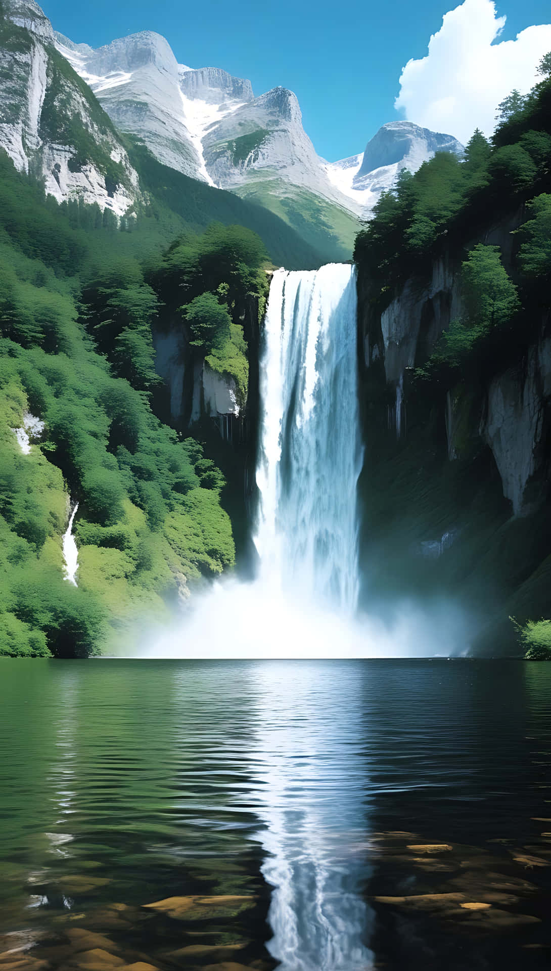 Majestic Waterfall Cascade in a Serene Mountain Setting. smartphone wallpaper 壁紙 — 一道雄偉的瀑布傾瀉而下，落入一個寧靜的水池，周圍是茂密的綠色森林和 towering 白雪覆蓋的山脈，在明亮的藍天下。