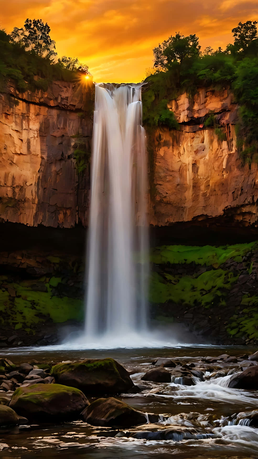 Majestic Waterfall Glow Under Sunset Skies. smartphone wallpaper 壁紙 — 一道雄偉的瀑布在日落時分從崎嶇的懸崖傾瀉而下，將金色的光芒投射在下方長滿苔蘚的岩石上。
