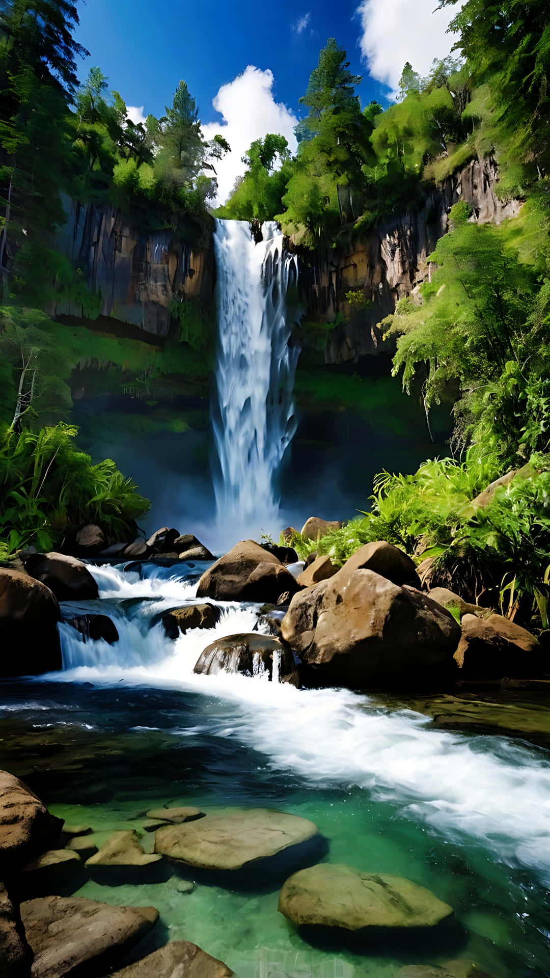 Towering Waterfall Elegance in a Remote Paradise. smartphone wallpaper 壁紙 — 一道雄偉的瀑布從岩石懸崖傾瀉而下，流入碧綠色的水池，周圍是茂密的綠色森林，上方是明亮的藍天。