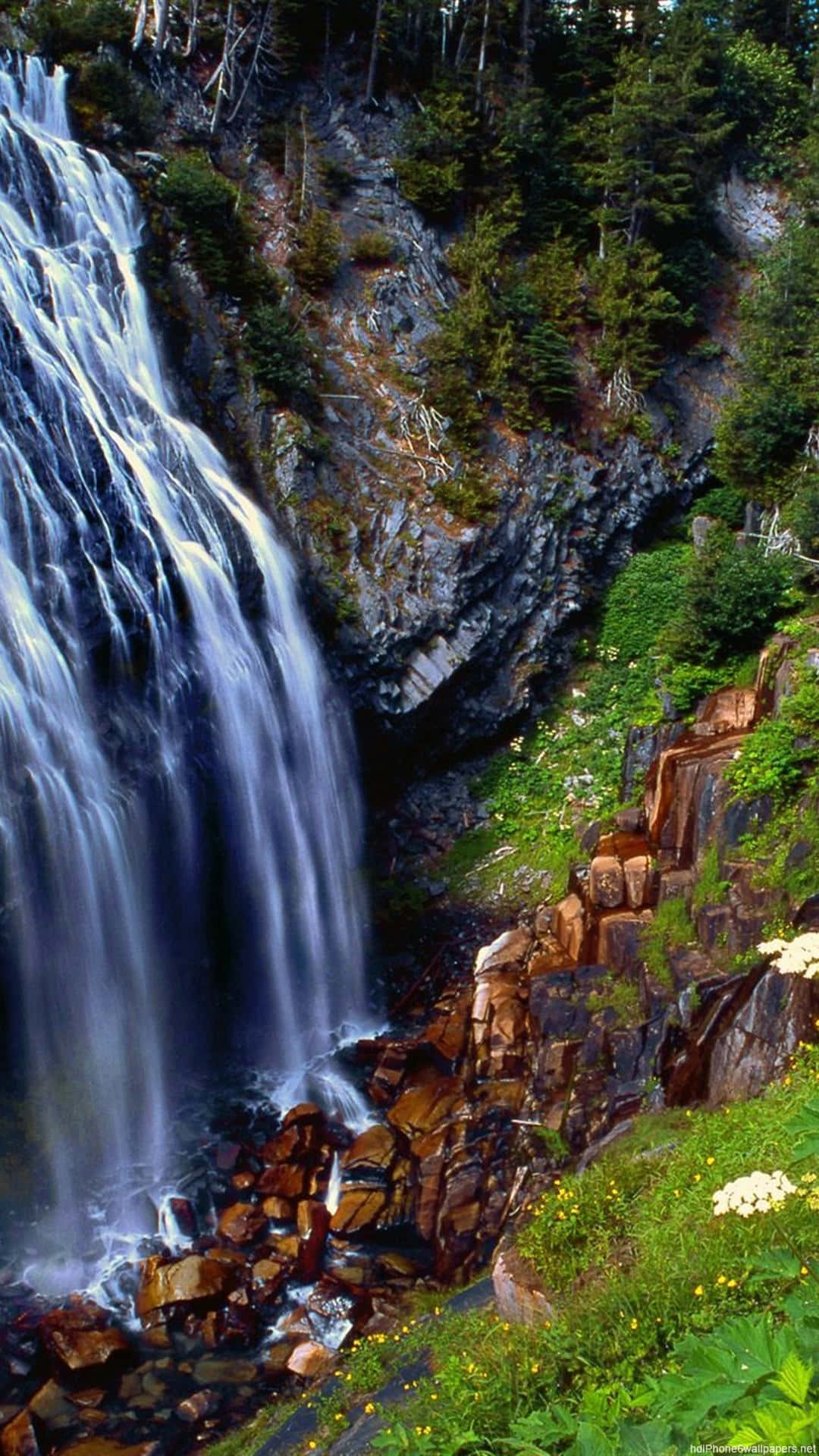 Nature Vertical 桌布 壁紙 — 一道雄偉的瀑布從崎嶇的懸崖上傾瀉而下，周圍環繞著茂密的綠植和野花。