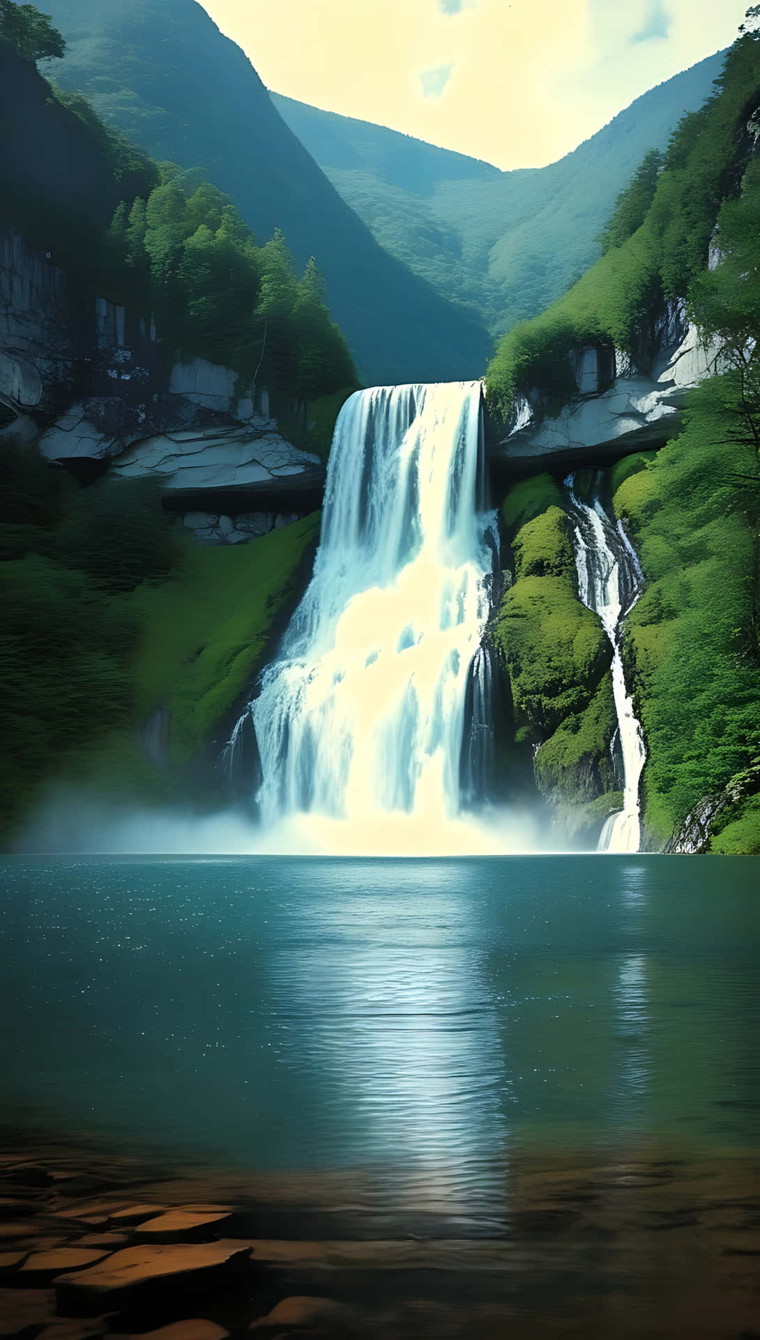 Majestic Waterfall Cascade in a Serene Mountain Setting. smartphone wallpaper 壁紙 — 一道雄偉的瀑布從長滿苔蘚的懸崖傾瀉而下，流入一個被翠綠群山環繞的寧靜碧綠水池。