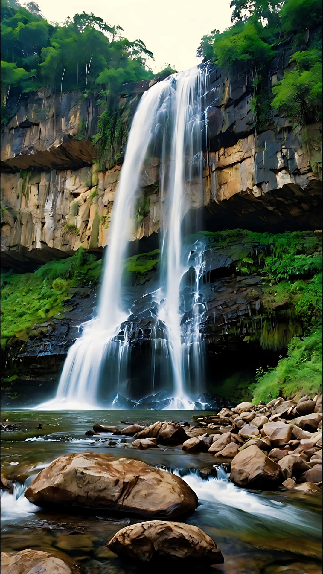 Majestic Waterfall Adventure Under Open Skies. smartphone wallpaper 壁紙 — 一道雄偉的瀑布從長滿苔蘚的懸崖傾瀉而下，流入一個被茂密綠色森林環繞的岩石池中。