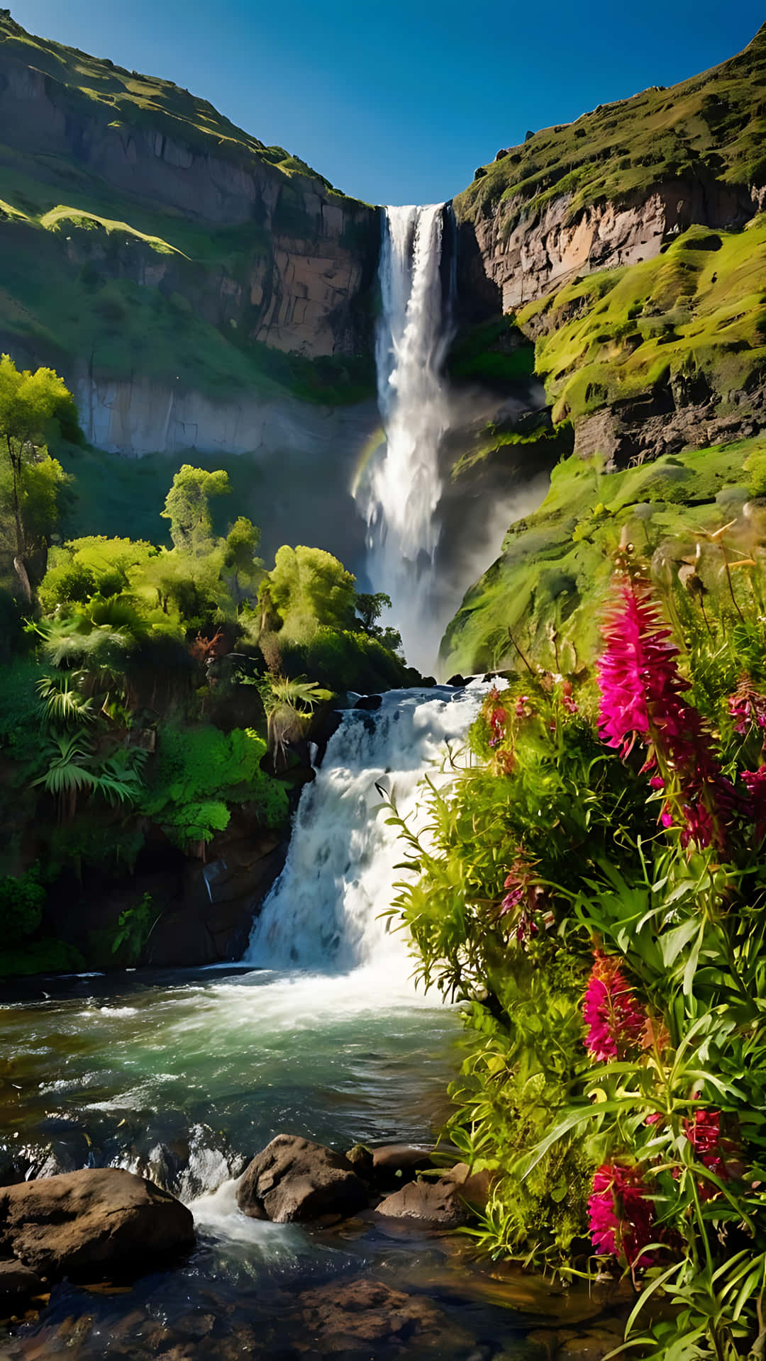 Majestic Waterfall Overlooking a Vibrant Landscape. smartphone wallpaper 壁紙 — 一道雄偉的瀑布從鬱鬱蔥蔥的綠色懸崖傾瀉而下，流入清澈的水池，周圍環繞著鮮豔的粉紅色花朵和蕨類植物，在明亮的藍天下。