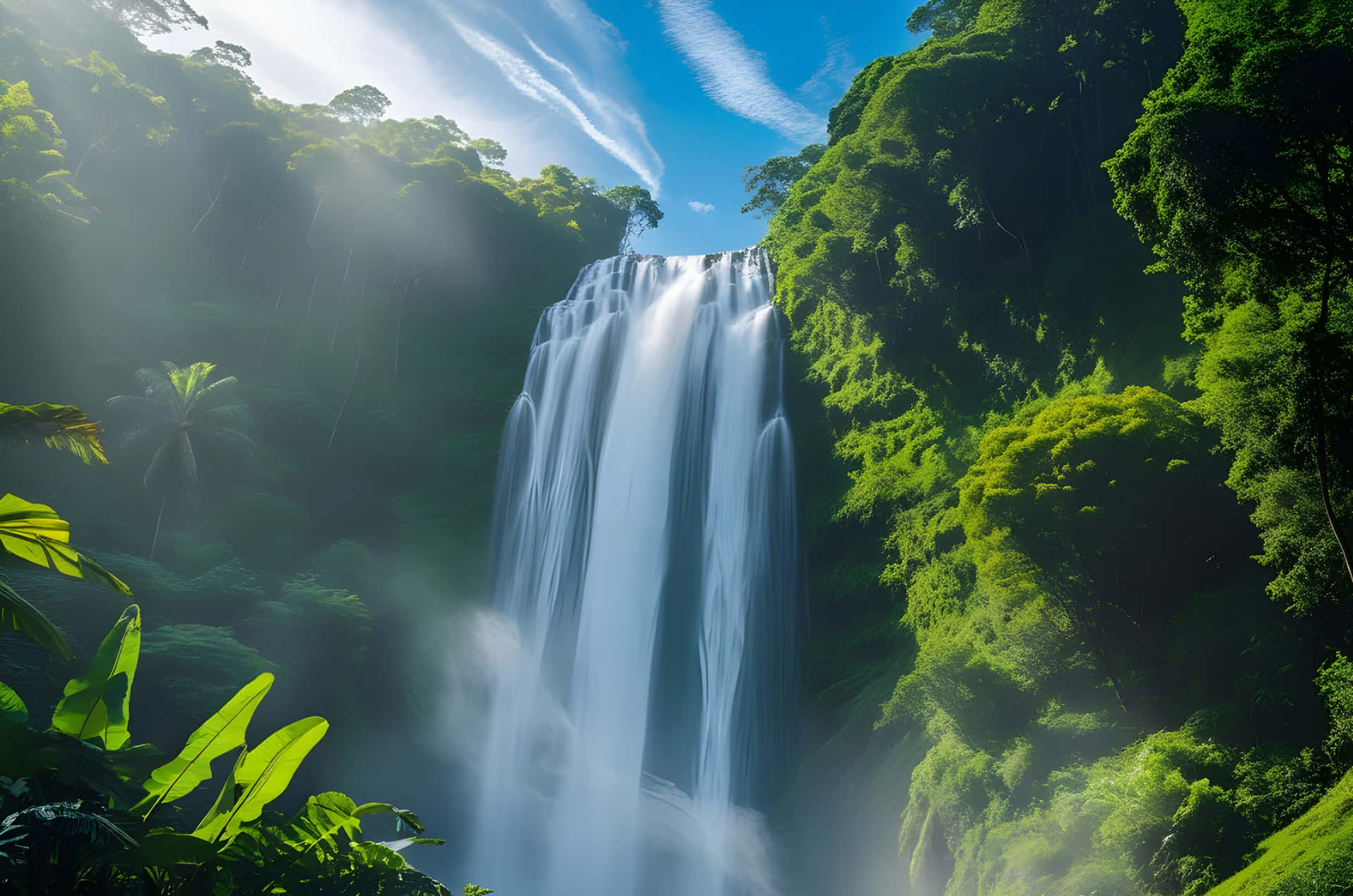 The amazing waterfalls 壁紙 — 一道雄偉的瀑布流過茂密的綠色叢林，陽光從上方的樹冠中過濾下來。