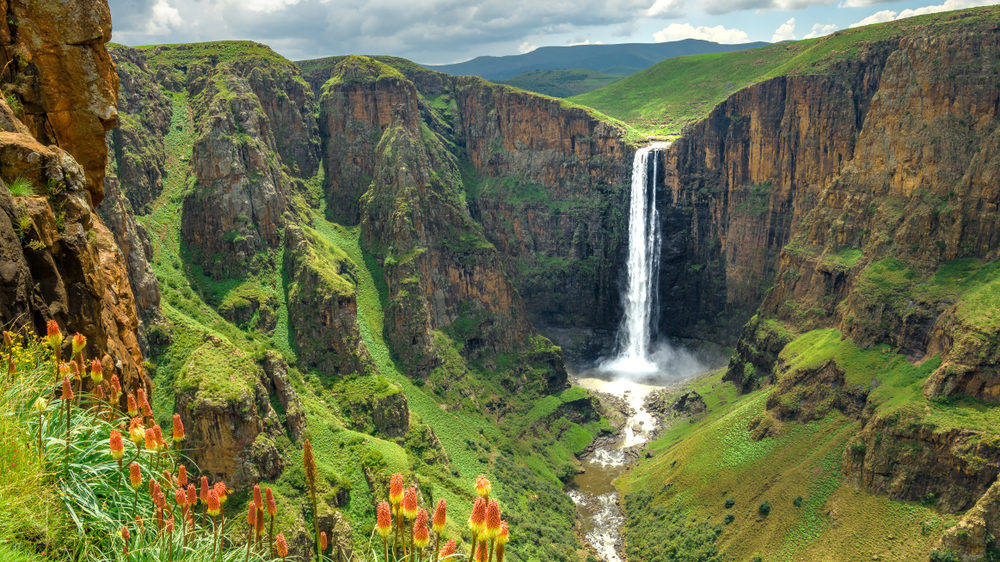 Lesotho 桌布 壁紙 — 一道雄偉的瀑布穿過崎嶇的峽谷，前景是鬱鬱蔥蔥的綠色懸崖和充滿活力的橙色花朵。