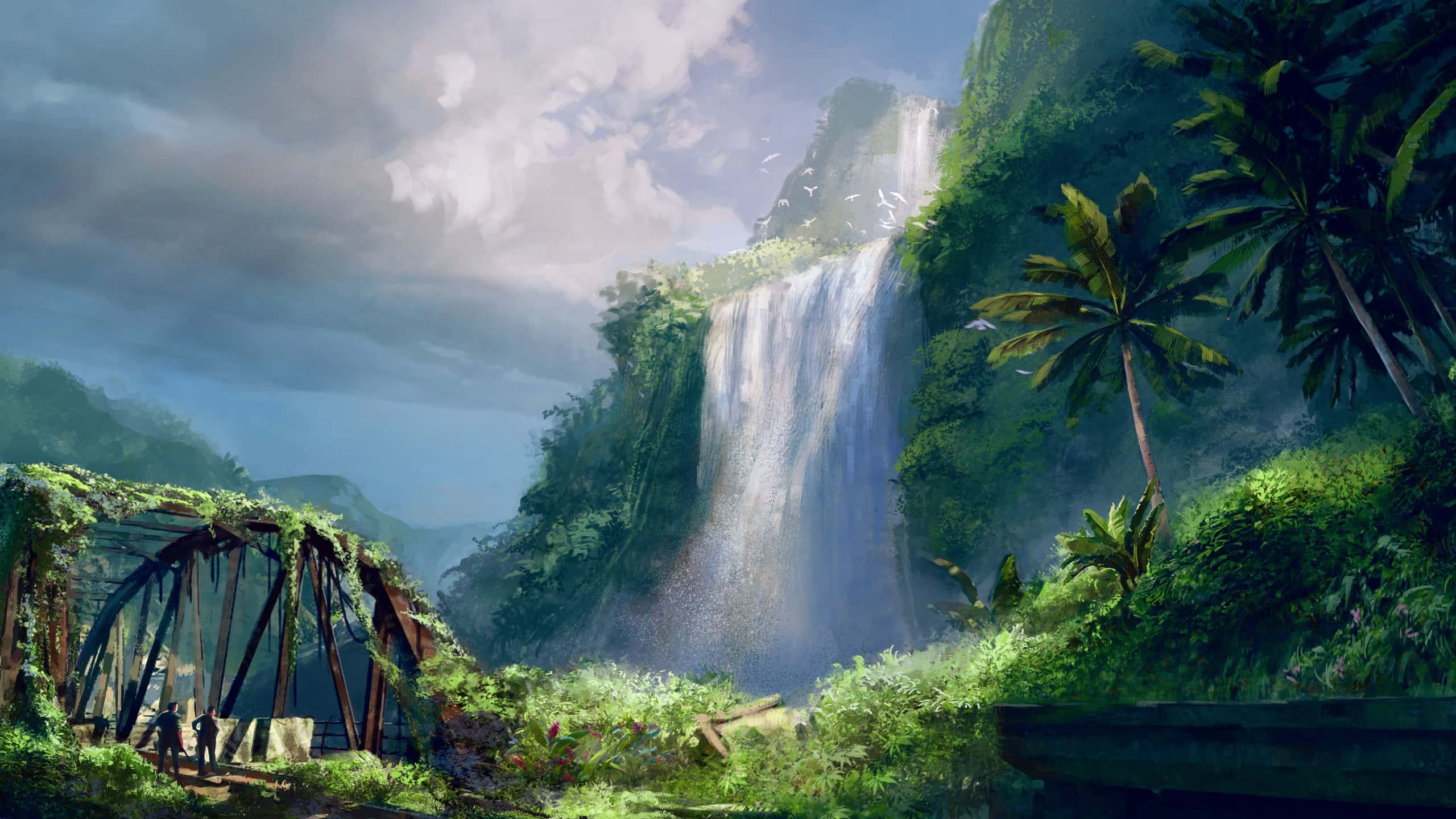 電玩遊戲 桌布 壁紙 — 一道雄偉的瀑布穿過茂密的叢林，前景是一座生鏽且長滿植物的橋樑。