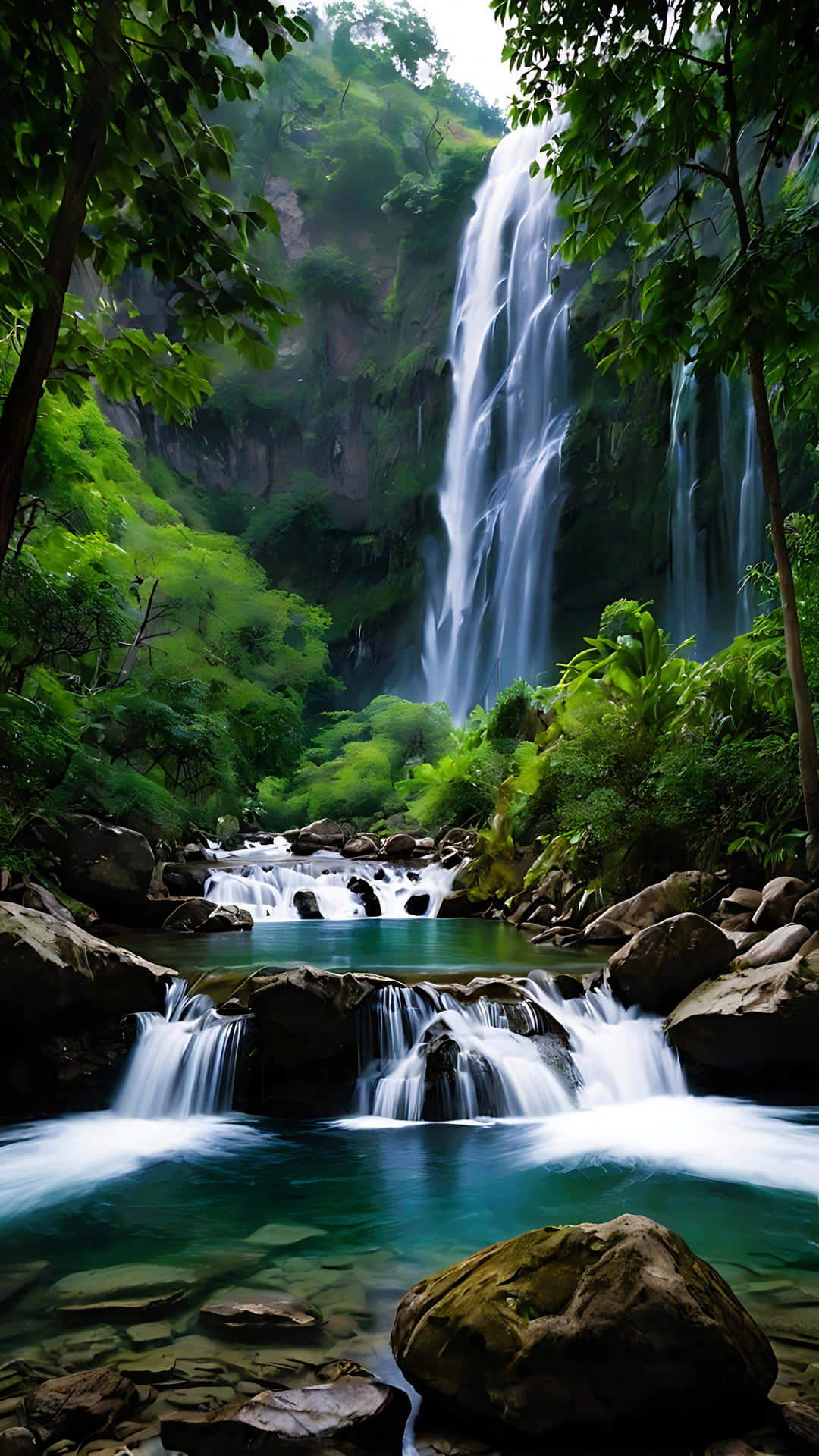 Hidden Paradise – Waterfall and Serenity Unveiled. smartphone wallpaper 壁紙 — 一道雄偉的瀑布穿過茂密的綠色叢林，傾瀉入一個被長滿苔蘚的岩石環繞的碧綠水池。
