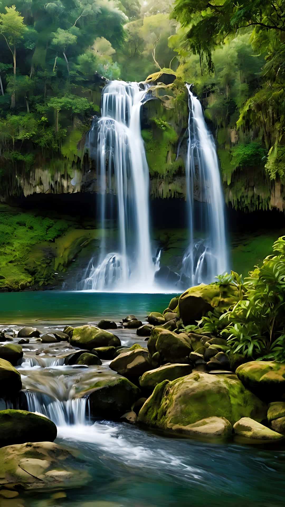 Towering Waterfall Elegance in a Remote Paradise. smartphone wallpaper 壁紙 — 一道雄偉的瀑布穿過茂密的綠色叢林，傾瀉入一個被長滿苔蘚的岩石環繞的碧綠水池。