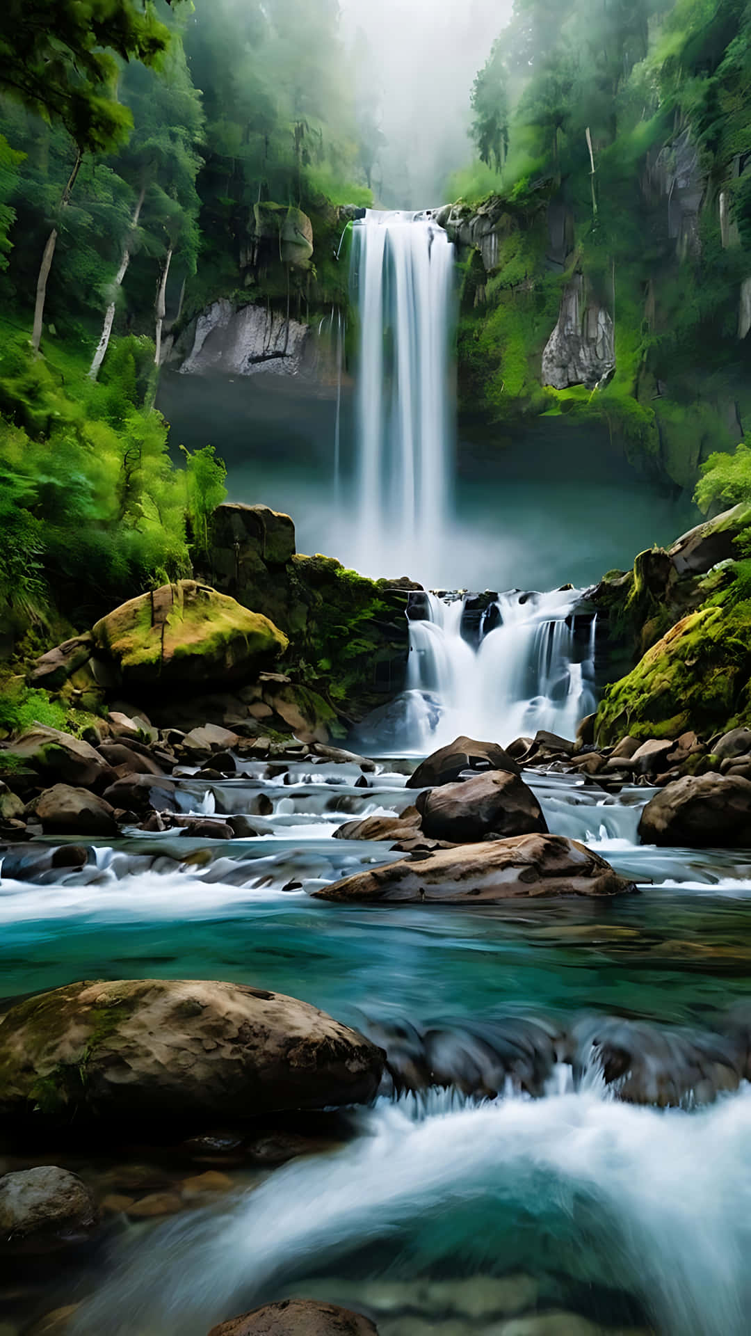 Dreamy Waterfall Adventure in Mountain Serenity. smartphone wallpaper 壁紙 — 一道雄偉的瀑布穿過茂密的綠色森林，底部升起薄霧，藍綠色的水流過長滿苔蘚的岩石。