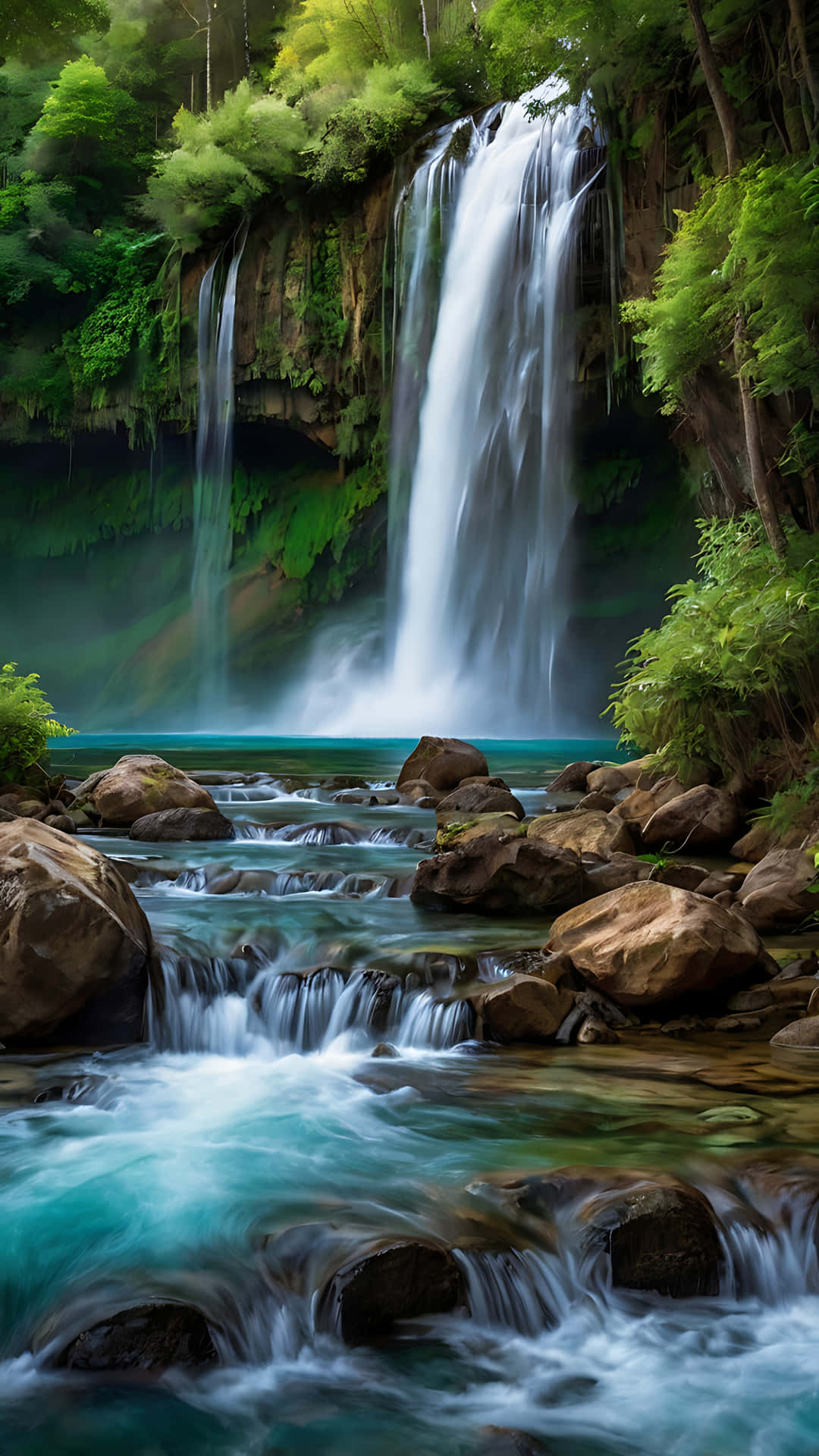 Vibrant Waterfall Haven of Peace and Beauty. smartphone wallpaper 壁紙 — 一道雄偉的瀑布穿過茂密的綠色森林，落入被苔蘚岩石環繞的碧綠水池中。