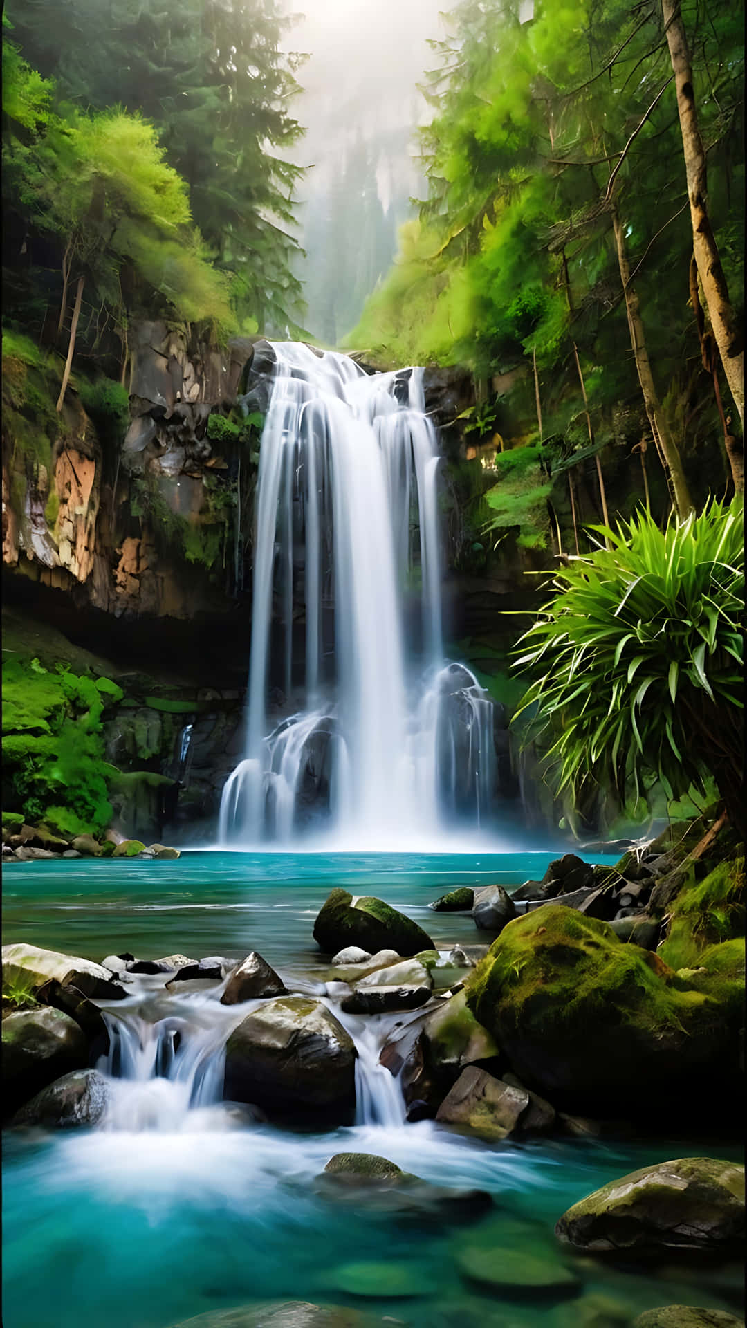 Dreamy Waterfall Adventure in Mountain Serenity. smartphone wallpaper 壁紙 — 一道雄偉的瀑布穿過茂密的綠色森林，流入一個被苔蘚岩石環繞的碧綠水池。