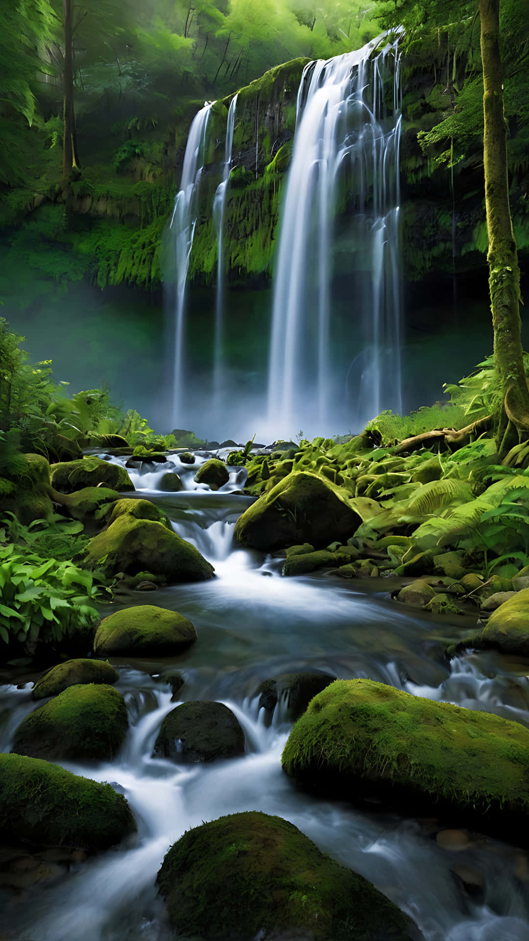 Nature's Canvas – A Waterfall Wonderland. smartphone wallpaper 壁紙 — 一道雄偉的瀑布穿過鬱鬱蔥蔥的翠綠森林，下方有長滿苔蘚的岩石和流淌的溪流。