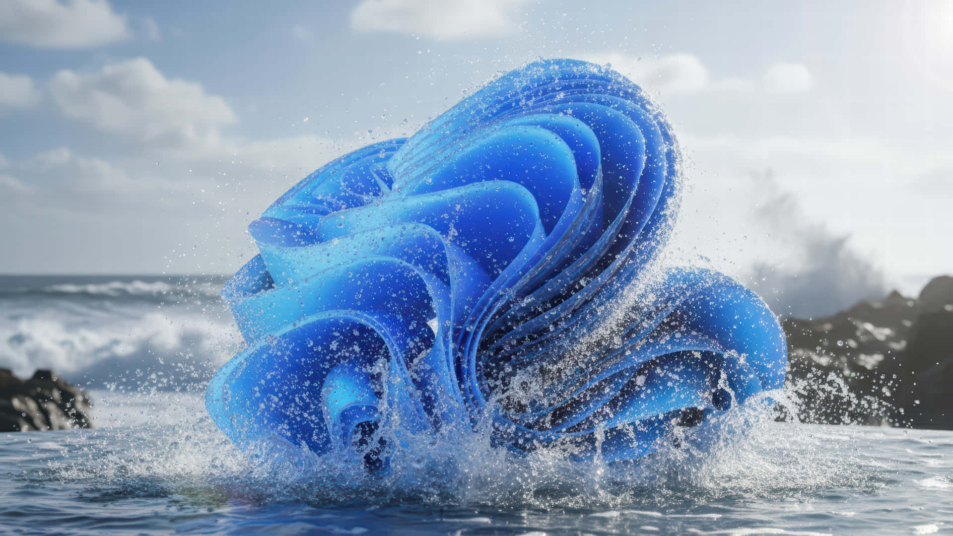 Splash Bloom on the sea modded wallpaper for desktop Enhancement, 壁紙 — 一道雕塑般的藍色海浪戲劇性地拍打岩石，閃閃發光的水滴以慢動作飛濺。