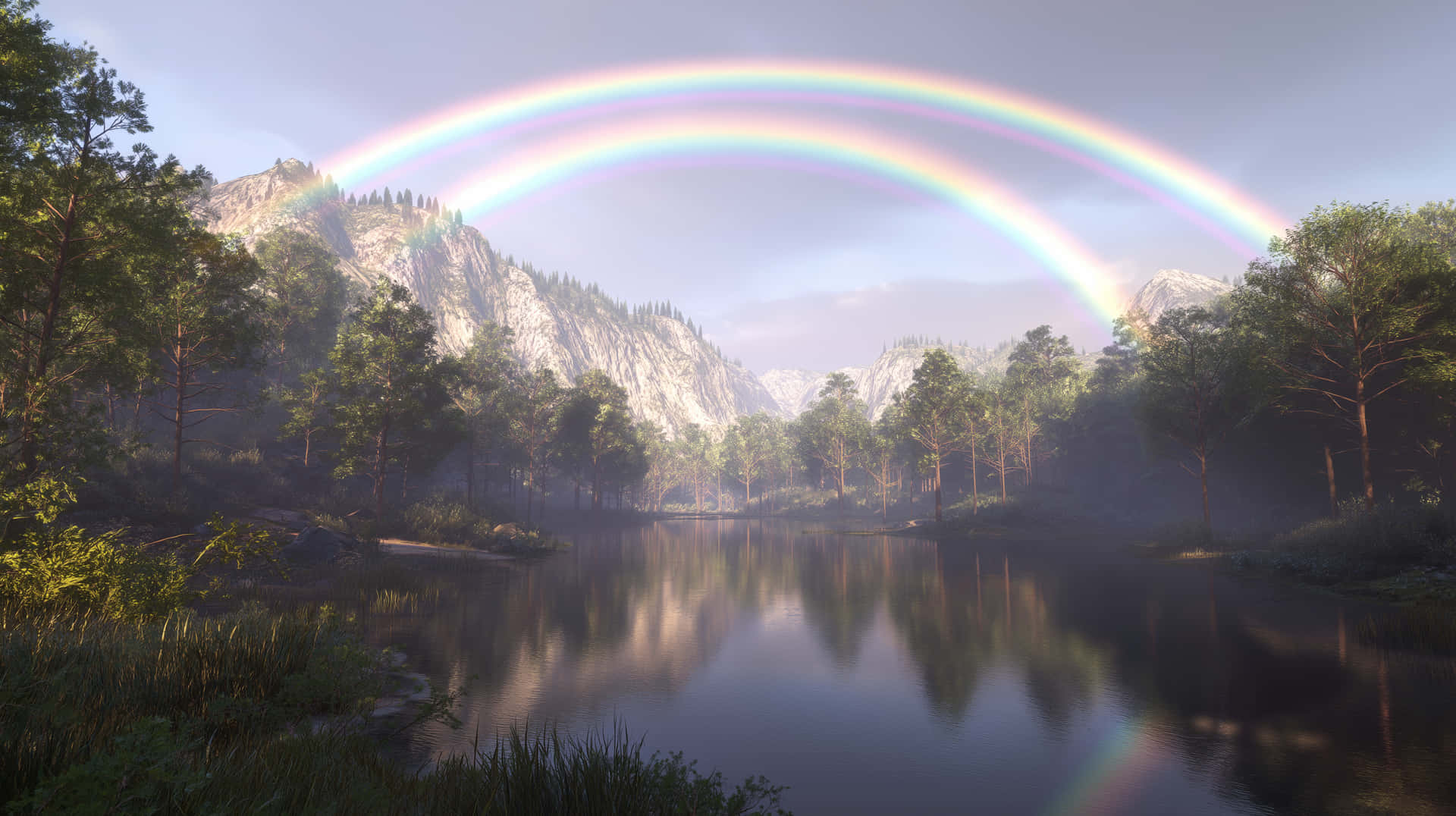 Double Rainbow Over Peaceful Mountain Lake Reflection 壁紙 — 一道雙彩虹在薄霧籠罩的山間湖泊上空拱起，周圍是茂密的綠色森林，沐浴在柔和的晨光中。