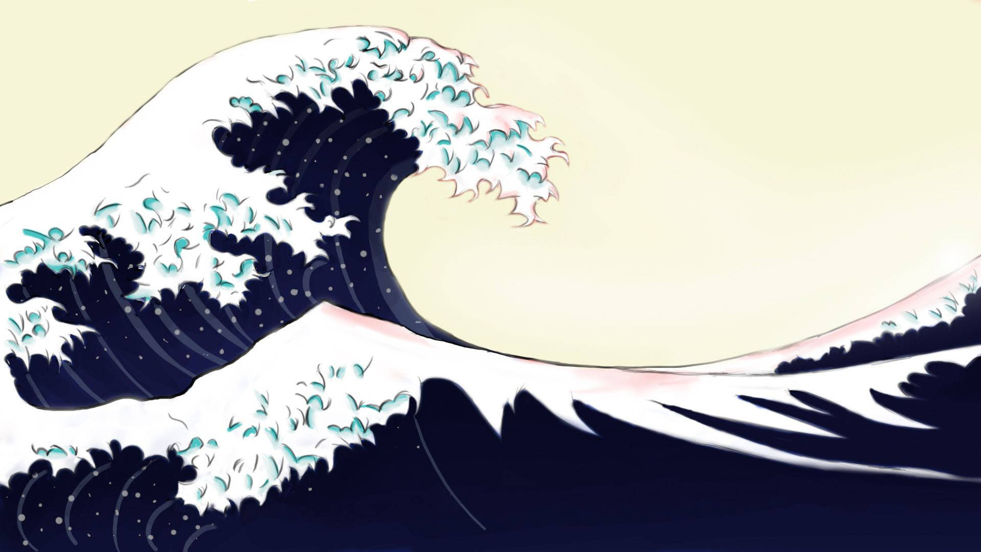 日式海浪 桌布 壁紙 — 一道風格化的巨浪在淡黃色的天空下雄偉地捲起，帶有白色泡沫和深藍色波峰。