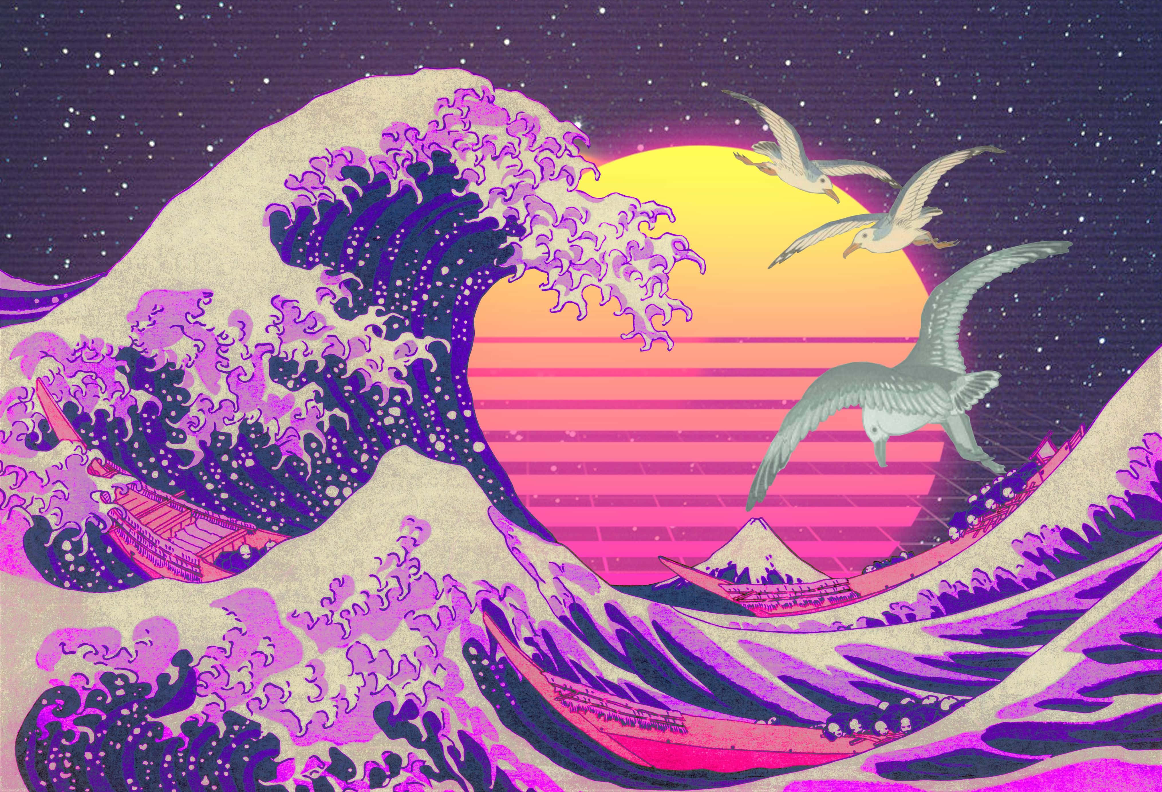 Painting 桌布 壁紙 — 一道風格化的波浪帶有紫色和粉紅色調，在發光的日落之下破碎，海鷗在星空背景下飛翔。
