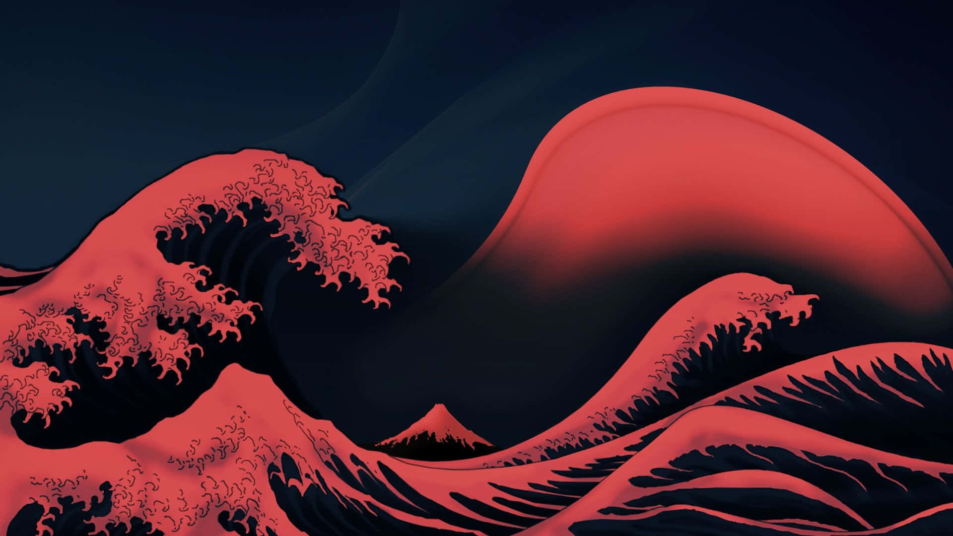 美學 桌布 壁紙 — 一道風格化的紅色波浪在黑暗的天空下撞擊，遠方有山脈的輪廓。