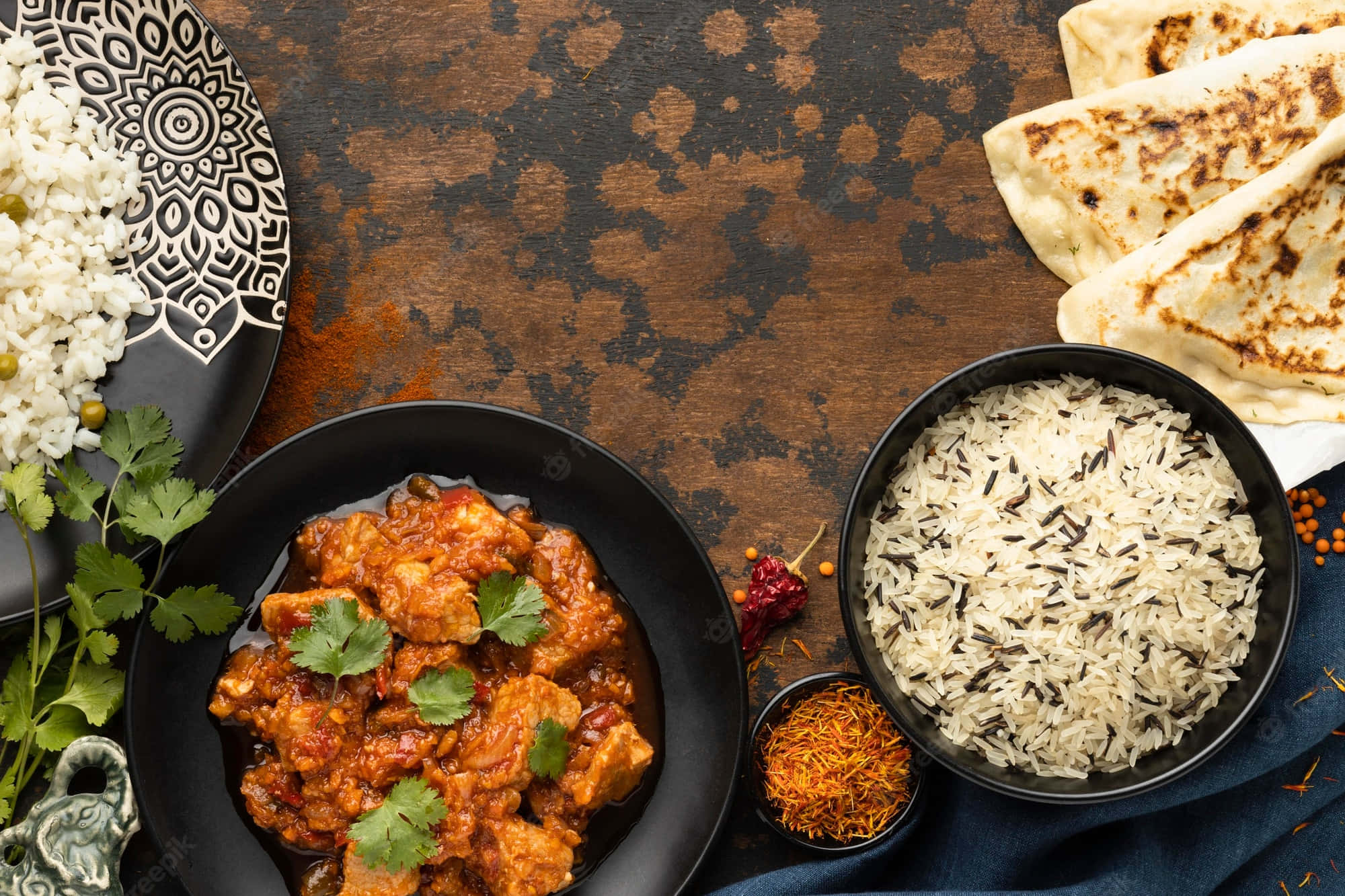 Indian 桌布 壁紙 — 一道香料豐富的咖哩配以香菜裝飾，旁邊放著一碗碗的野生米飯和印度烤餅，擺在質樸的木桌上。