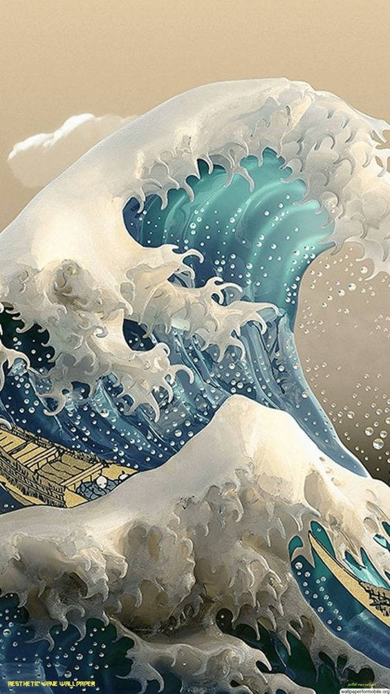 Water Aesthetic 桌布 壁紙 — 一道高聳的波浪，帶有泡沫般的白色浪花和深藍綠色的海水，在風格化的日本木版畫中衝擊著一艘小船。