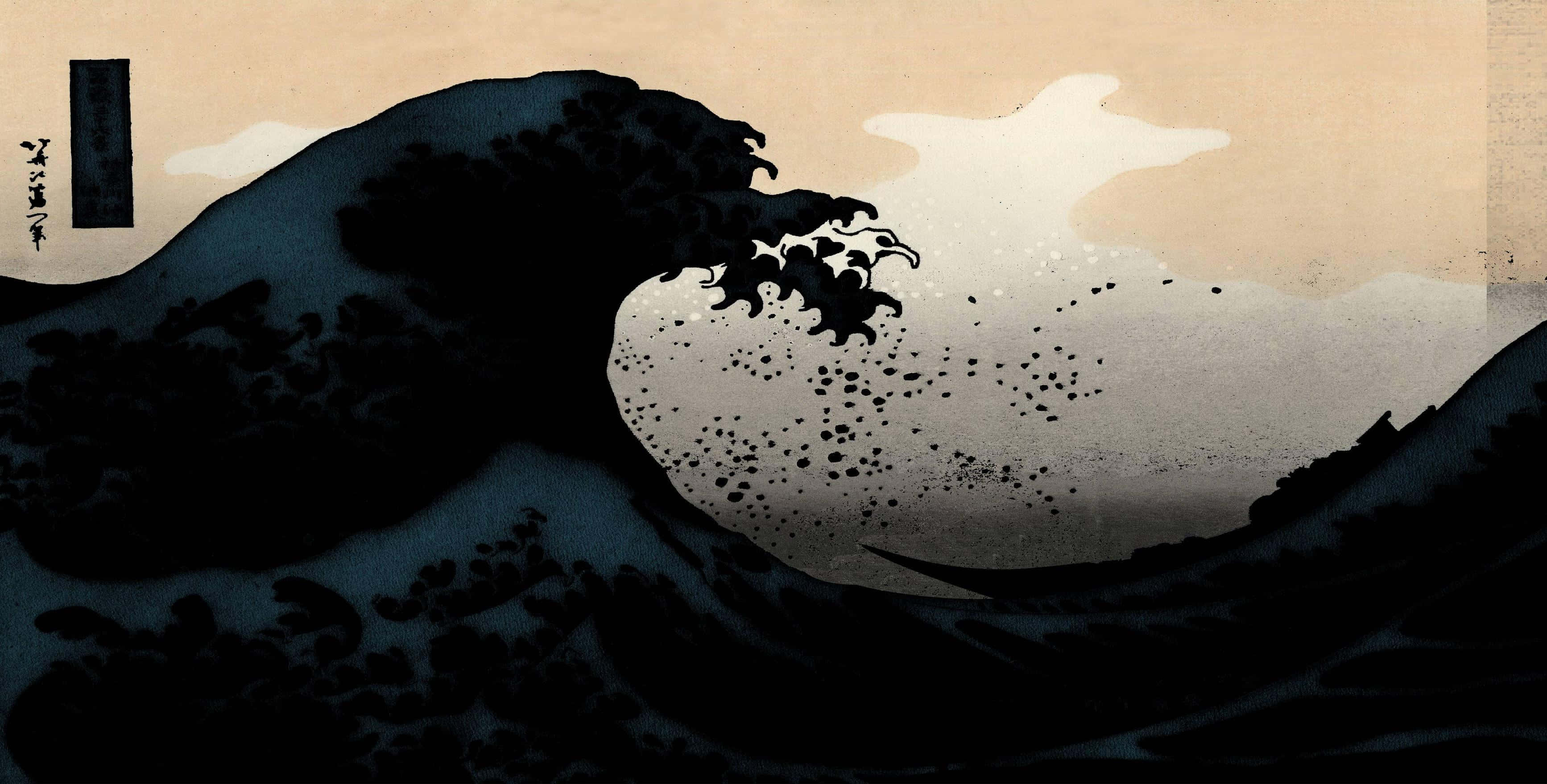 Painting 桌布 壁紙 — 一道高聳的波浪以深色墨水在蒼白的天空中破碎，呈現經典的日本木版畫風格。
