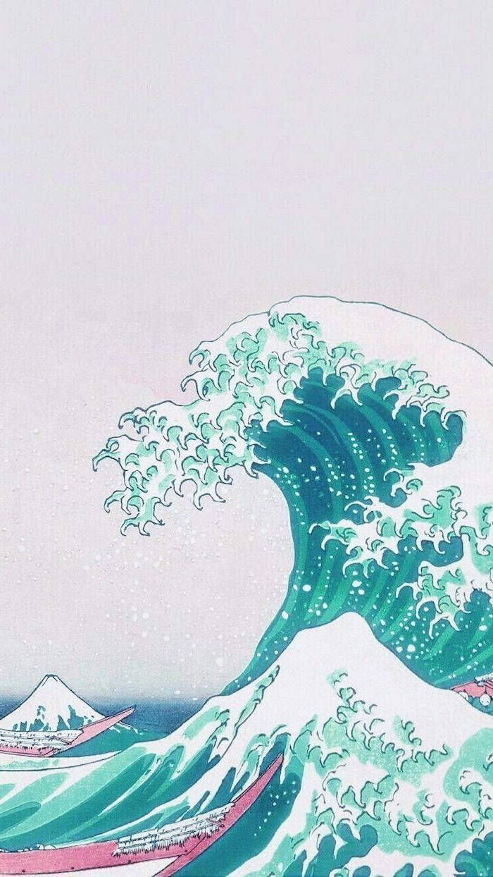 Aesthetic Drawings 桌布 壁紙 — 一道高聳的綠色巨浪威嚴地捲起，覆蓋著小船，遠處是富士山，天空蒼白。