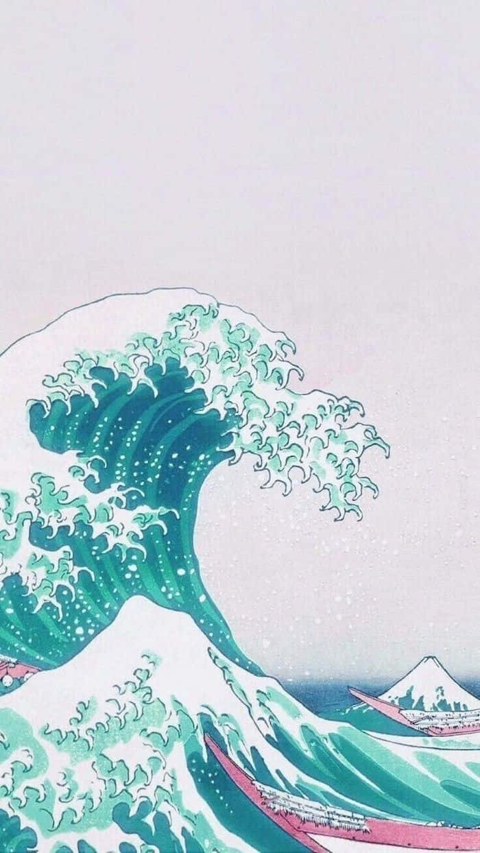 美學 桌布 壁紙 — 一道高聳的綠色巨浪威嚴地捲過小船，遠處可見富士山。
