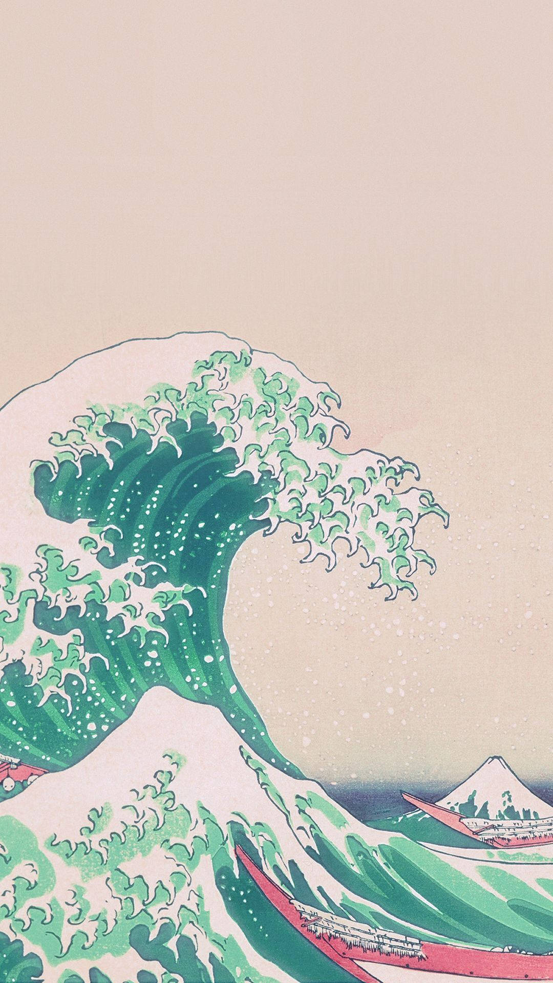 日式海浪 桌布 壁紙 — 一道高聳的綠色巨浪撲向小船，遠方是富士山，天空蒼白。