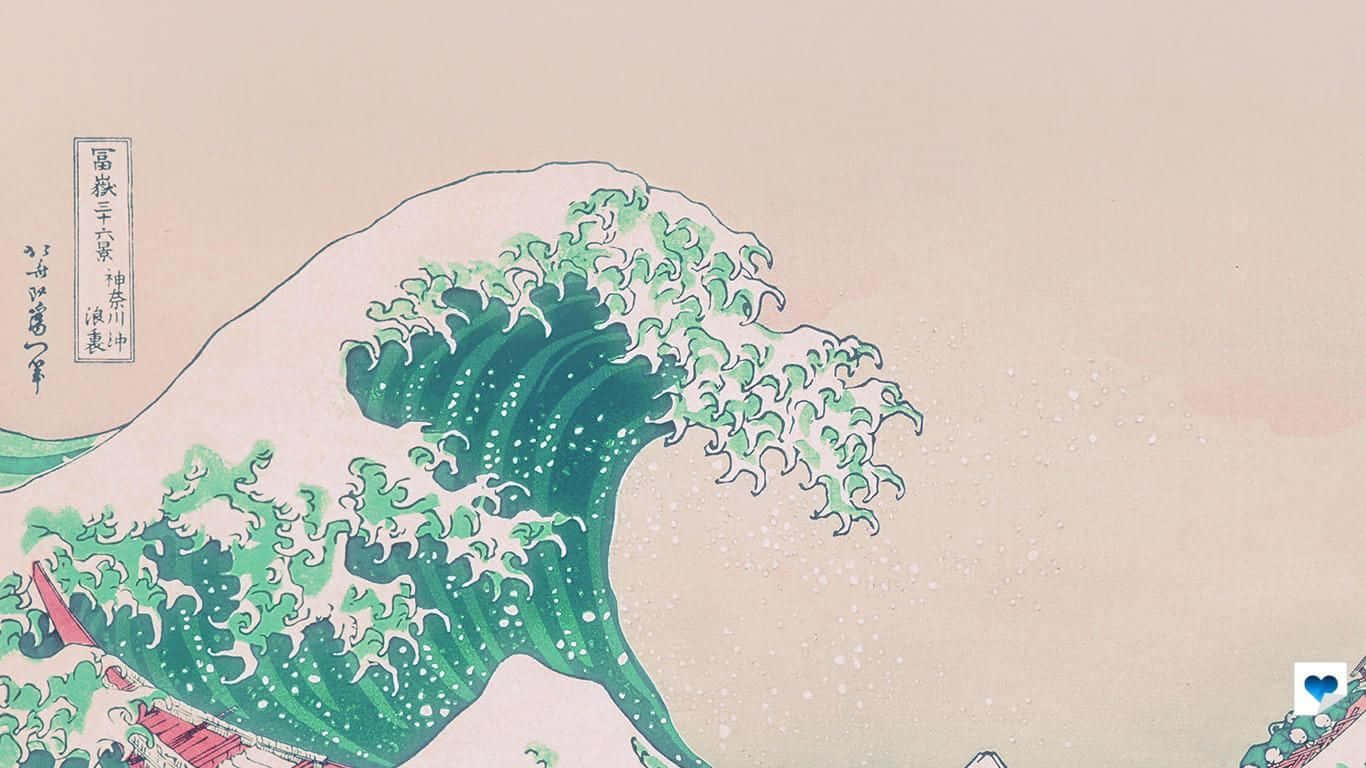 深綠色系動畫 桌布 壁紙 — 一道高聳的綠色波浪帶著白色泡沫撞向蒼白的天空，呈現經典的日本木版畫風格。