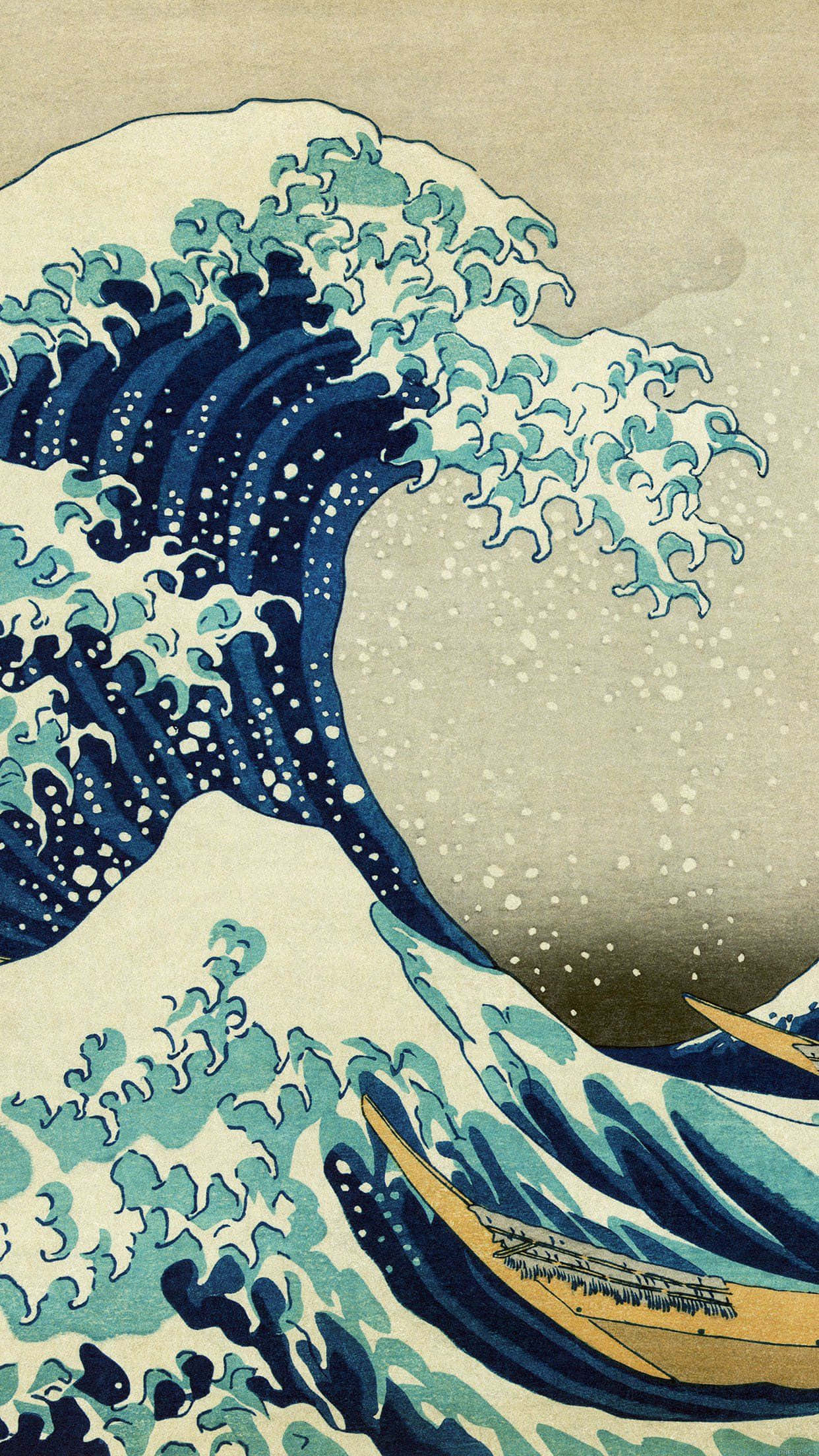 水 桌布 壁紙 — 一道高聳的藍色巨浪以經典日本木版畫風格衝擊小船。