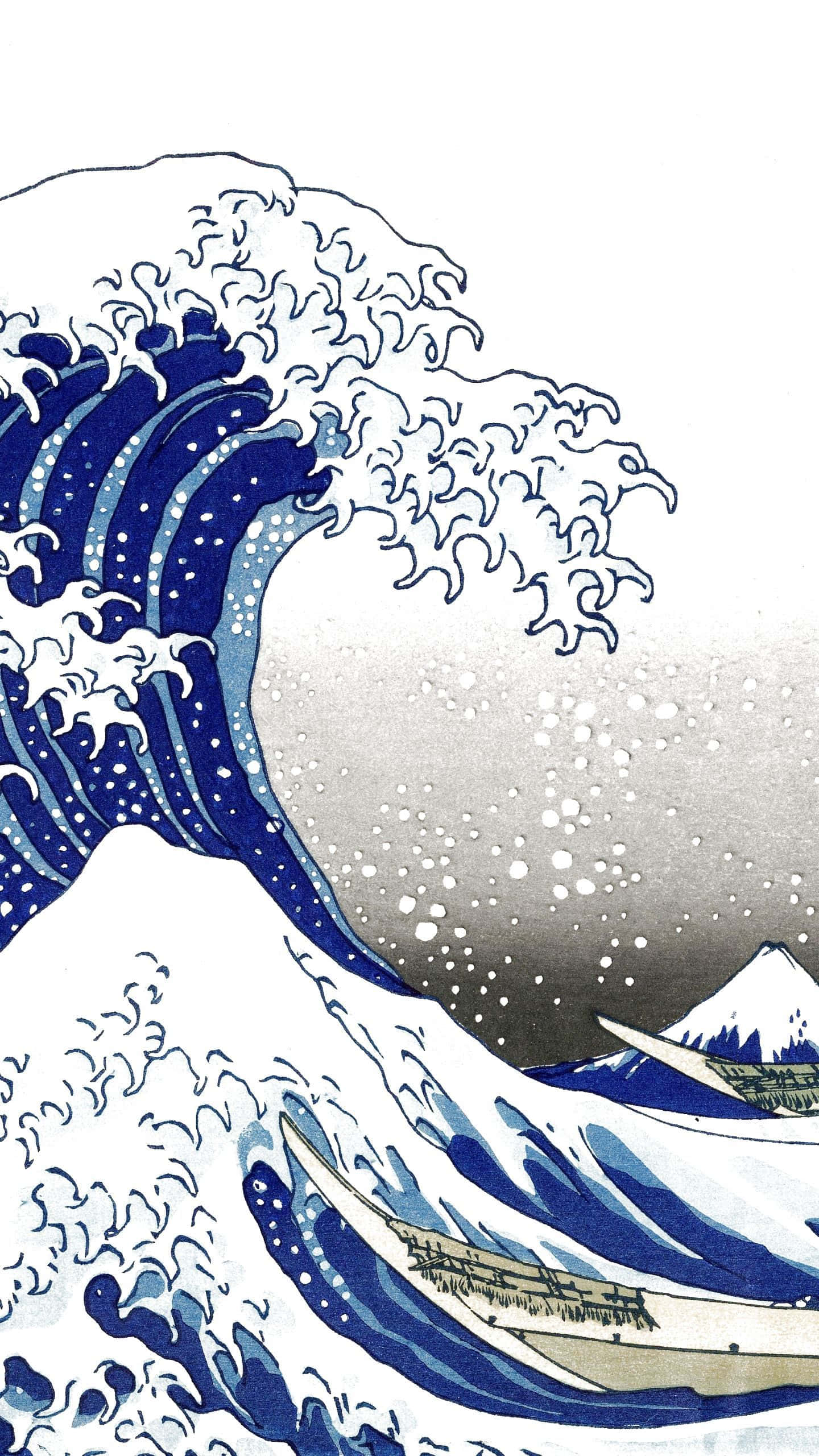 The Great Wave 桌布 壁紙 — 一道高聳的藍色巨浪沖向小船，遠方有富士山，呈現經典的日本木版畫風格。