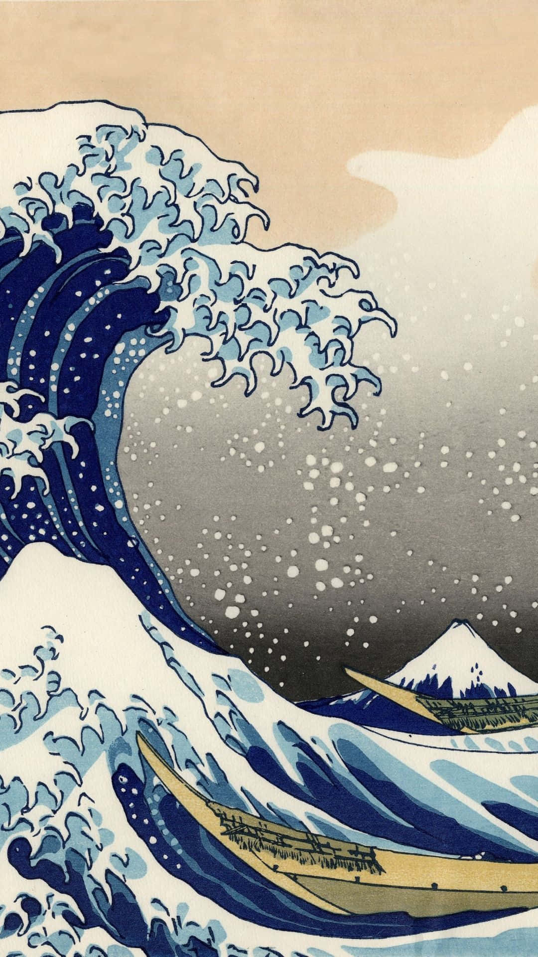 Japanese Phone 桌布 壁紙 — 一道高聳的藍色巨浪沖向小船，遠處是富士山，天空蒼白。