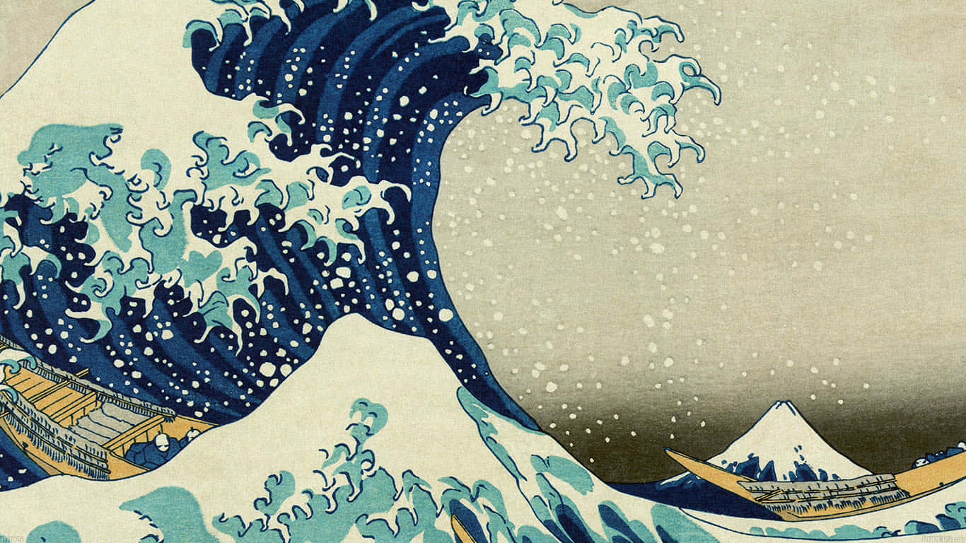 藝術 桌布 壁紙 — 一道高聳的藍色巨浪衝向船隻，遠方富士山隱約可見，呈現經典日本木版畫風格。