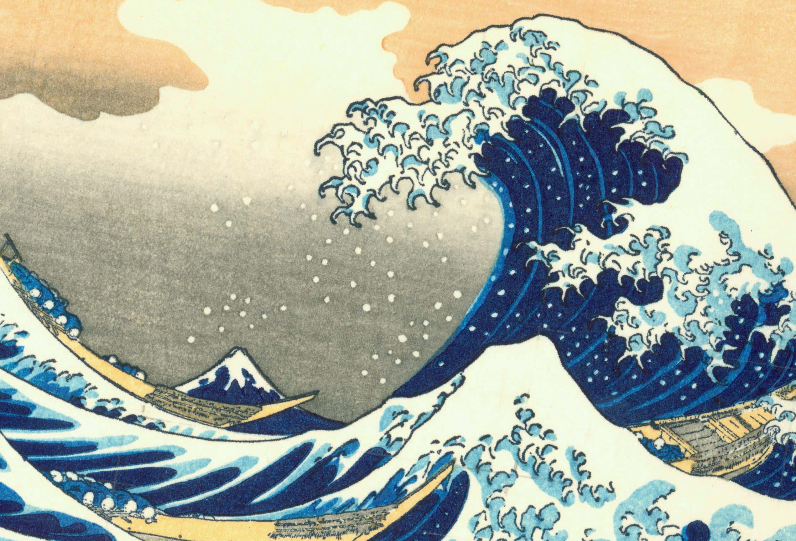 The Great Wave 桌布 壁紙 — 一道高聳的藍色巨浪衝向船隻，遠處富士山在蒼白的天空下。