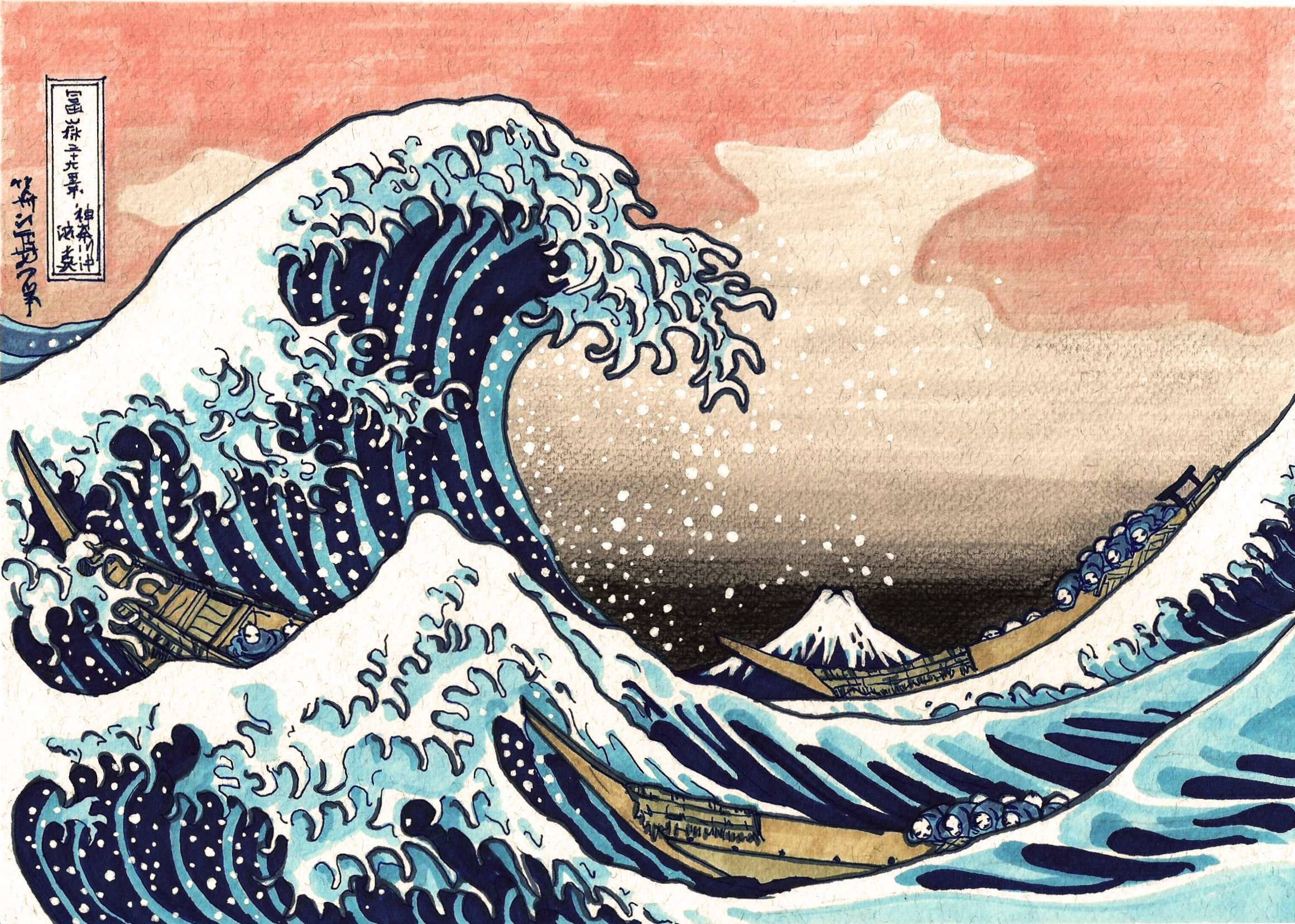 日式海浪 桌布 壁紙 — 一道高聳的藍色巨浪衝擊船隻，遠處的富士山在粉紅色的天空下。