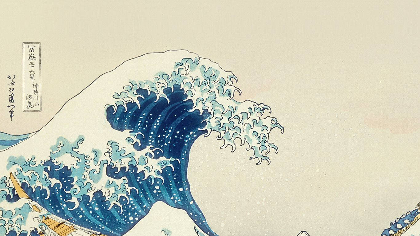 美學藝術 桌布 壁紙 — 一道高聳的藍色波浪以經典日本木版畫風格撞擊出白色泡沫。