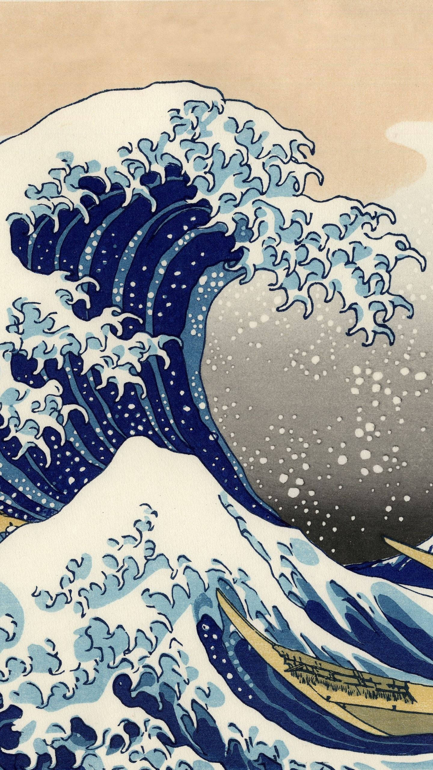 waves 桌布 壁紙 — 一道高聳的藍色波浪在經典日本木版畫風格中捲過船隻，帶有白色泡沫和米色天空。