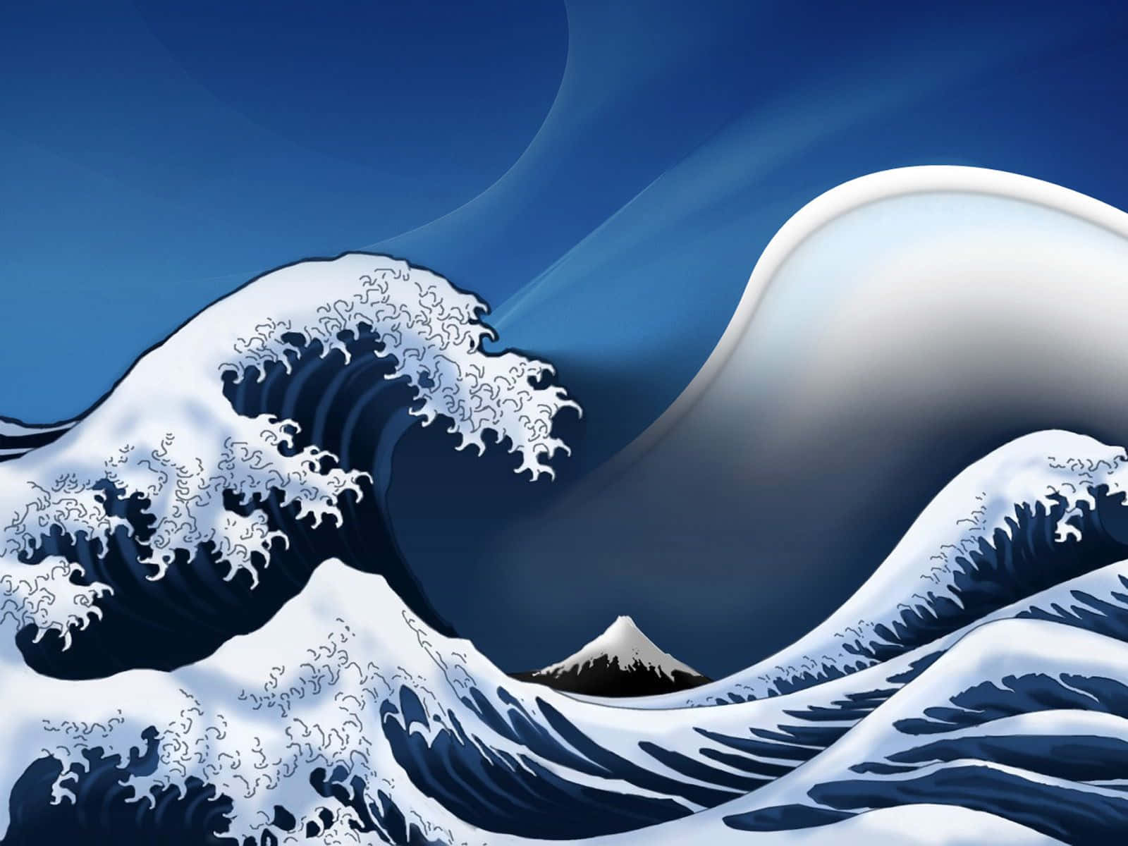 藝術 桌布 壁紙 — 一道高聳的藍色波浪帶著白色泡沫向前衝擊，遠處是富士山，在深藍色的天空下。