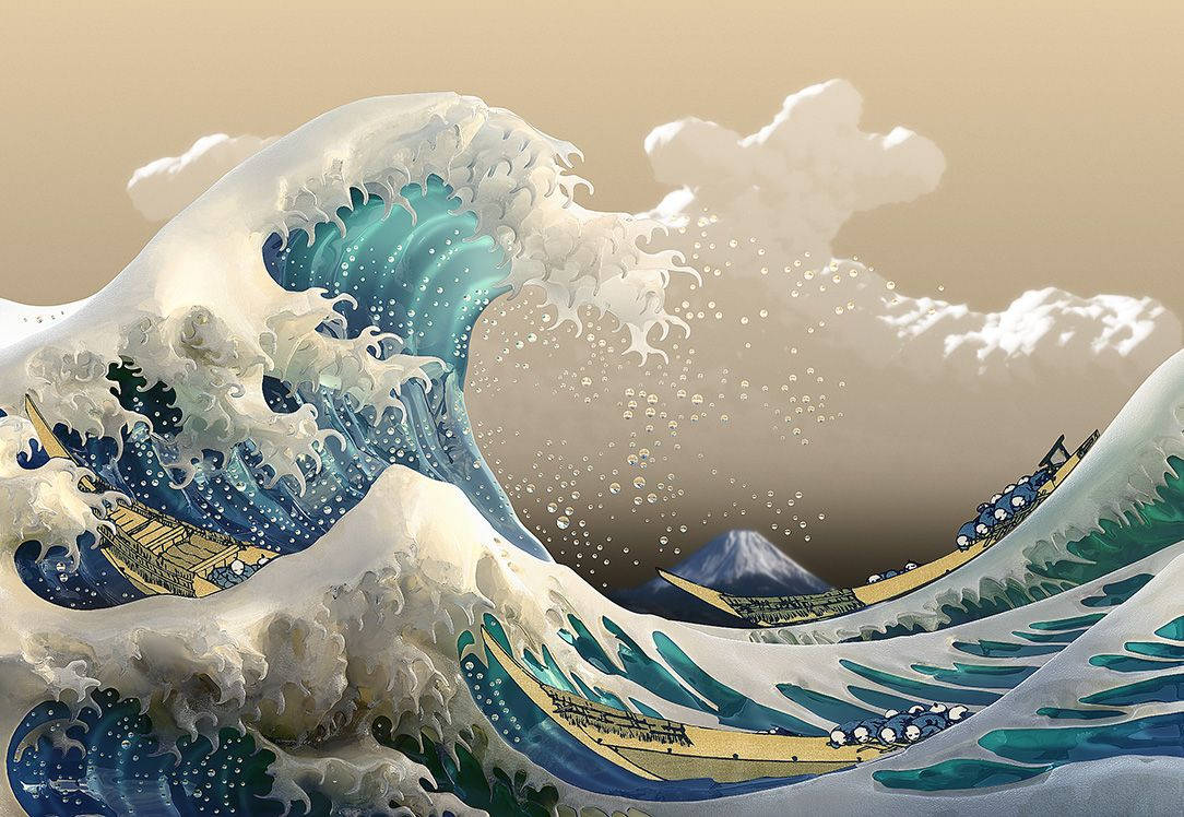 日式海浪 桌布 壁紙 — 一道高聳的藍色波浪破碎，帶有泡沫般的白色浪花，小船在其巨大力量下掙扎，天空是柔和的米色。