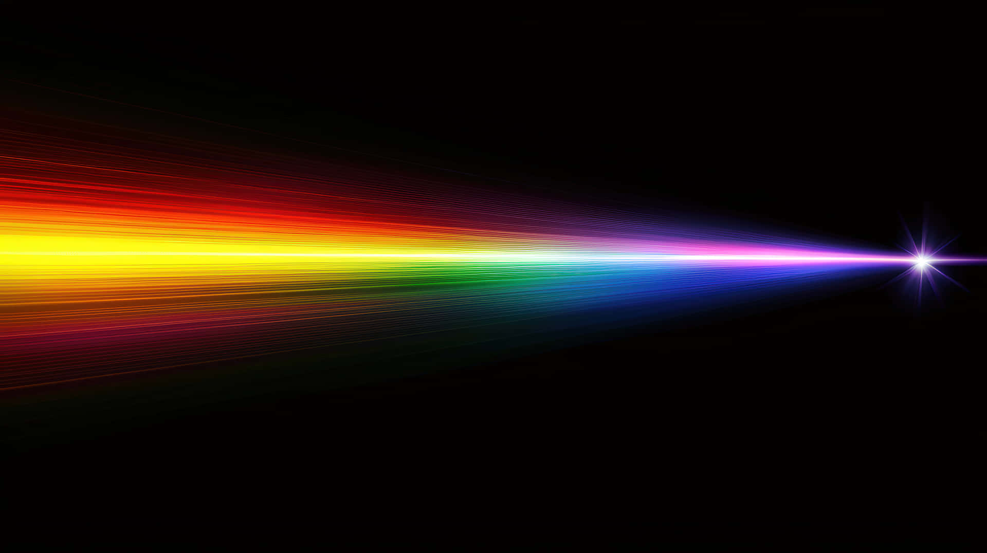 A vivid beam of light passing through a prism, dispersing into a full spectrum of rainbow colors 壁紙 — 一道鮮豔的彩虹光束從右邊明亮的星爆中對角線劃過黑色虛空。