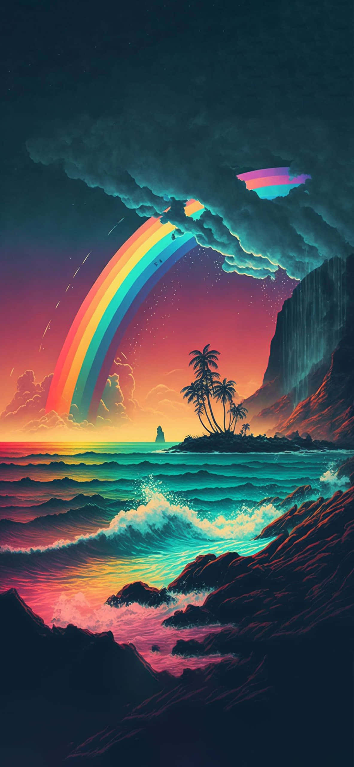 彩虹 桌布 壁紙 — 一道鮮豔的彩虹在熱帶島嶼上空彎曲，夕陽下海浪拍打，棕櫚樹在星空下形成剪影。