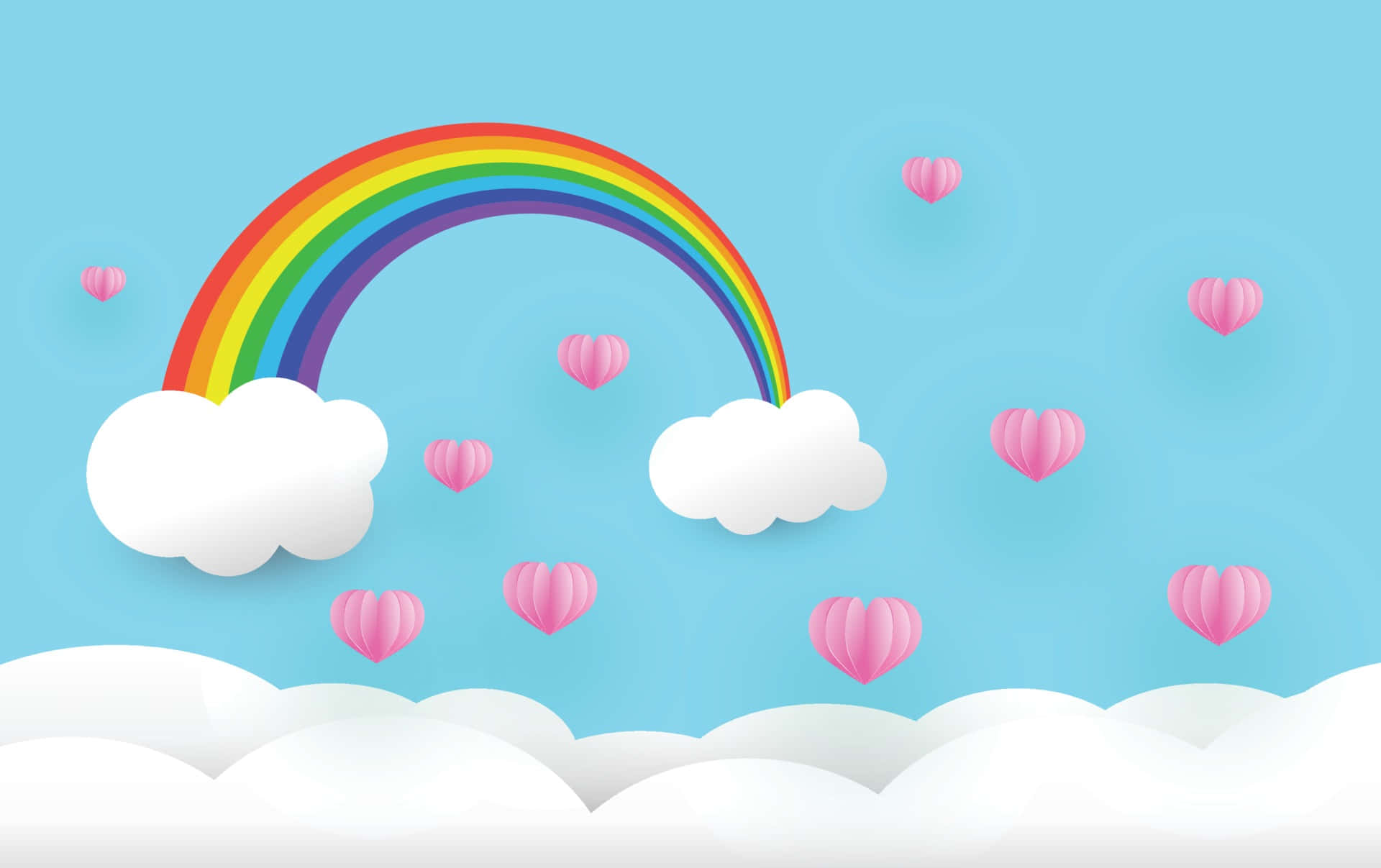 Cute Rainbow 桌布 壁紙 — 一道鮮豔的彩虹在蓬鬆的白雲之間拱起，映襯著柔和的藍天，漂浮著粉紅色的心形氣球。