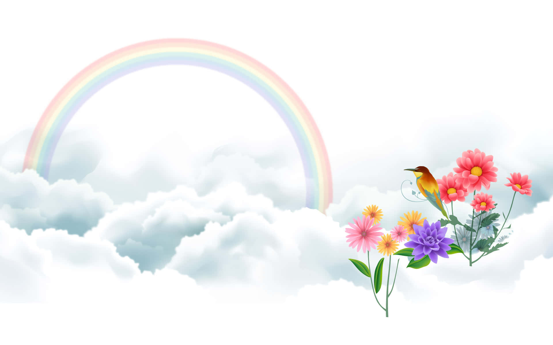 Beautiful Heaven 桌布 壁紙 — 一道鮮豔的彩虹拱在蓬鬆的雲朵上，一隻色彩繽紛的鳥兒棲息在一束粉紅、黃色和紫色的花束上。