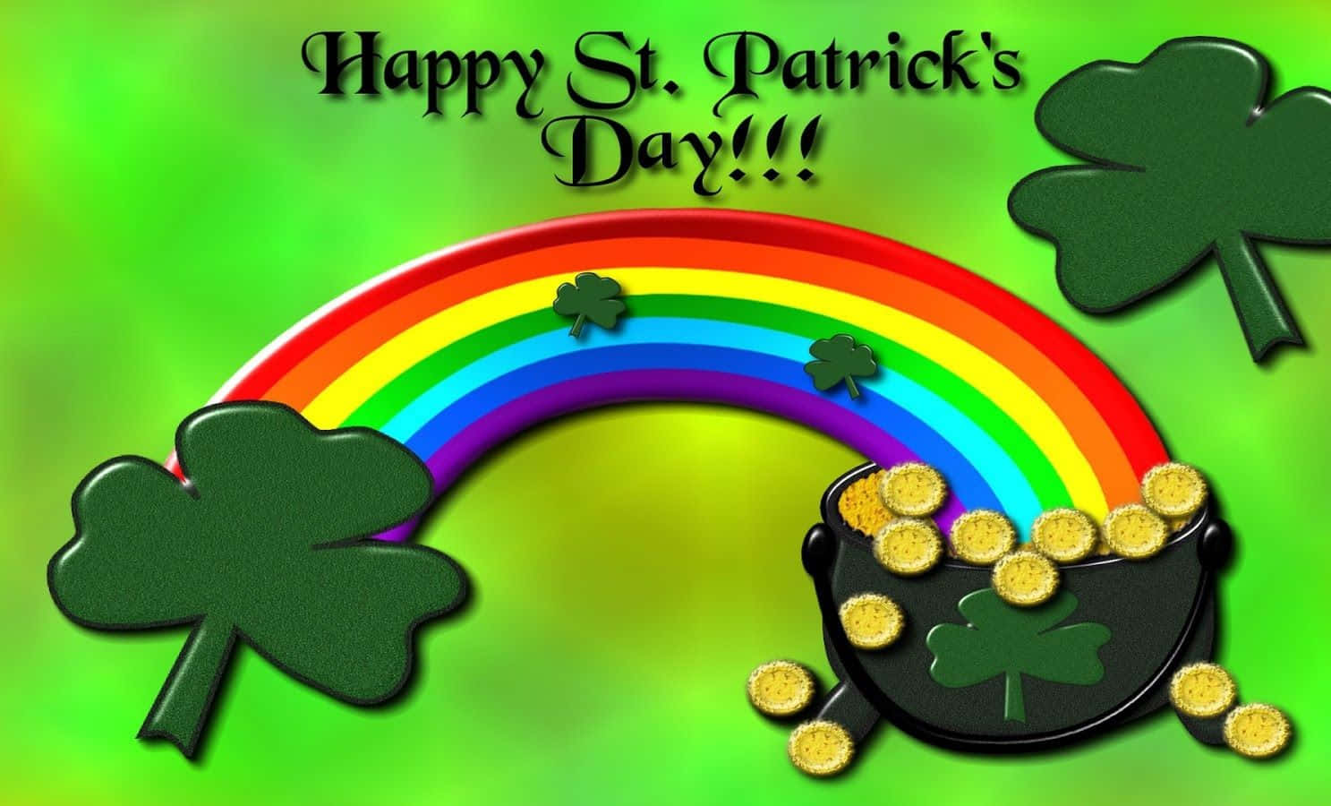 Saint Patricks Day 桌布 壁紙 — 一道鮮豔的彩虹拱起在一個裝有金幣和三葉草的鍋上，背景是明亮的綠色。