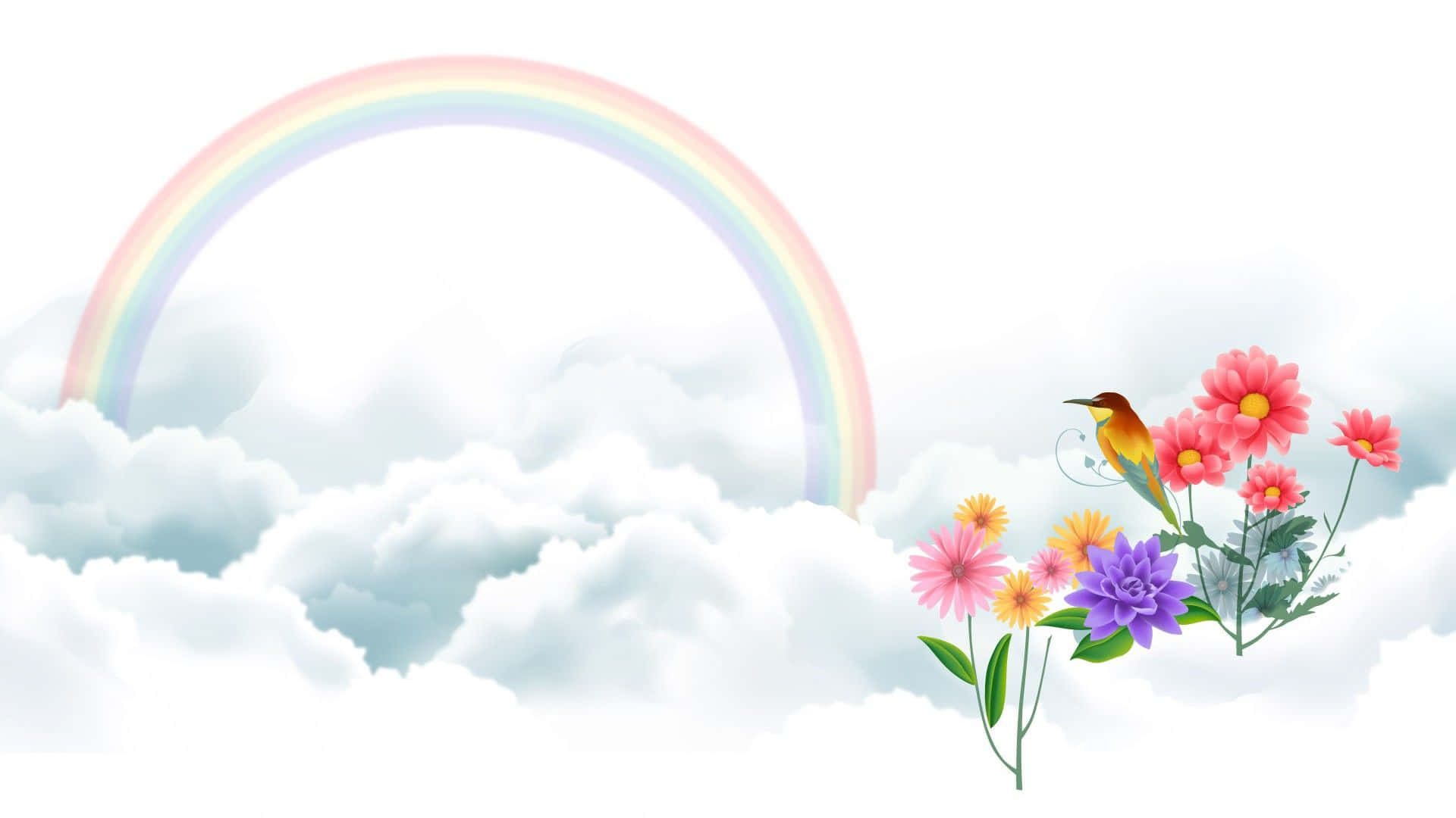Cute Rainbow 桌布 壁紙 — 一道鮮豔的彩虹拱起在蓬鬆的雲朵上，一隻色彩繽紛的鳥兒棲息在盛開的粉紅色、黃色和紫色花朵之間。