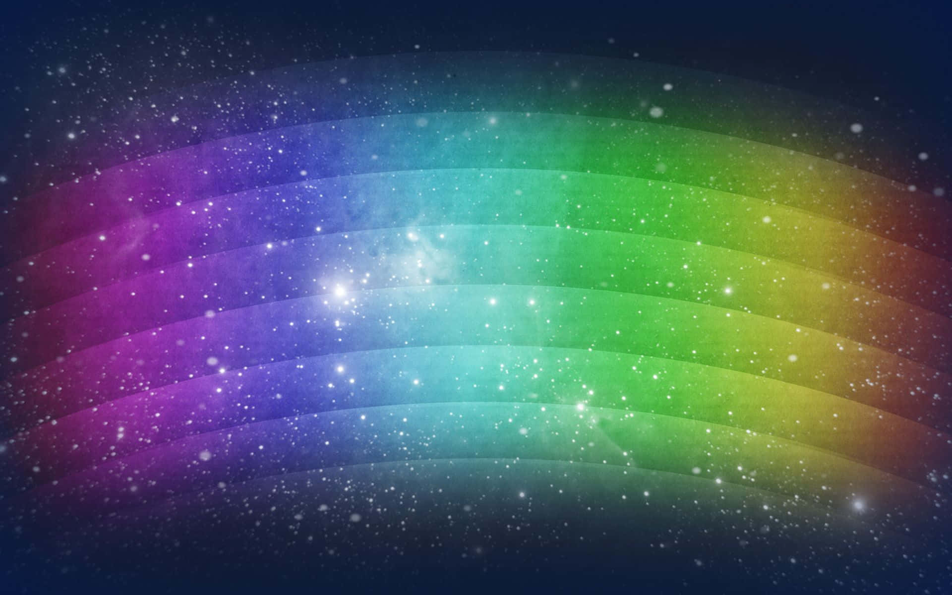 彩虹美學 桌布 壁紙 — 一道鮮豔的彩虹橫跨佈滿星星的宇宙天空，伴隨著發光的星雲和閃爍的粒子。