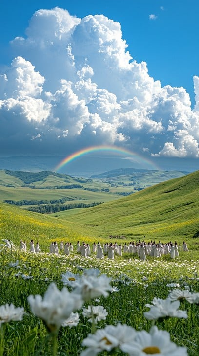 Wildflowers 桌布 壁紙 — 一道鮮豔的彩虹橫跨在鬱鬱蔥蔥的綠色山谷上，點綴著白色雛菊，一群穿著白色連衣裙的人們在明亮的藍天白雲下穿過草地。