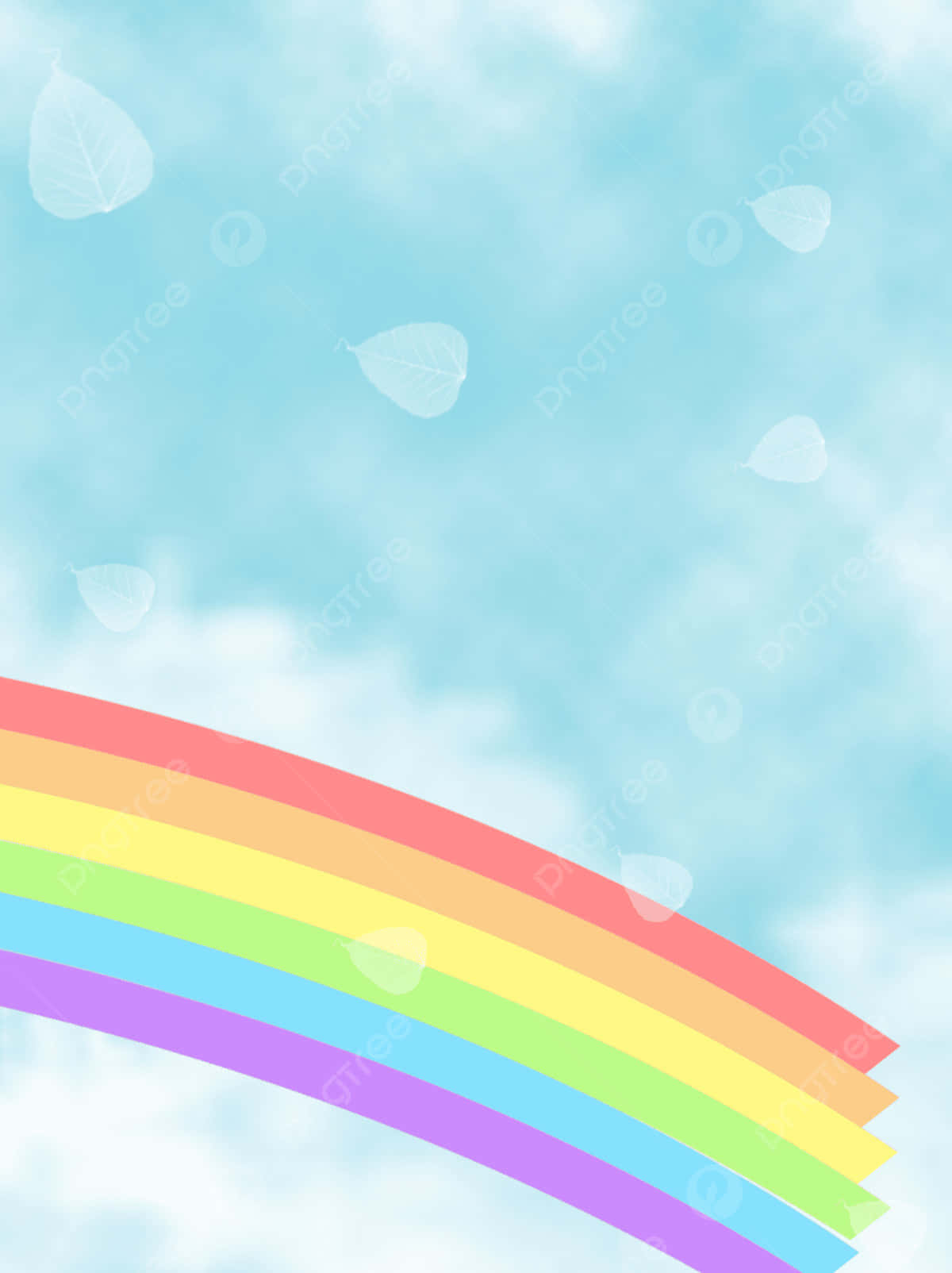 Cute Rainbow 桌布 壁紙 — 一道鮮豔的彩虹橫跨柔和的藍天，點綴著半透明的白色葉片輕輕飄浮。
