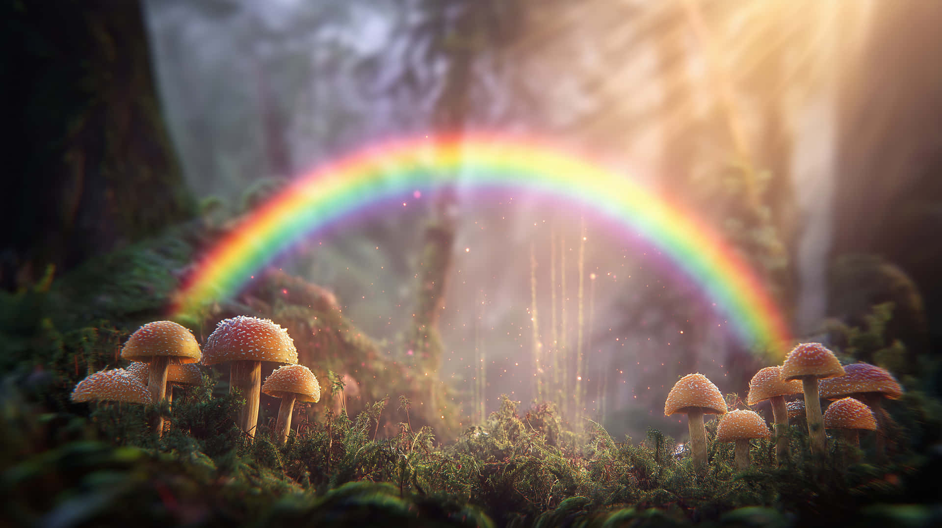 Enchanted Forest with Glowing Mushrooms and Rainbow Light 壁紙 — 一道鮮豔的彩虹穿過霧氣瀰漫的森林樹冠，懸掛在一簇簇紋理豐富、散發柔和金色光芒的蘑菇上方。